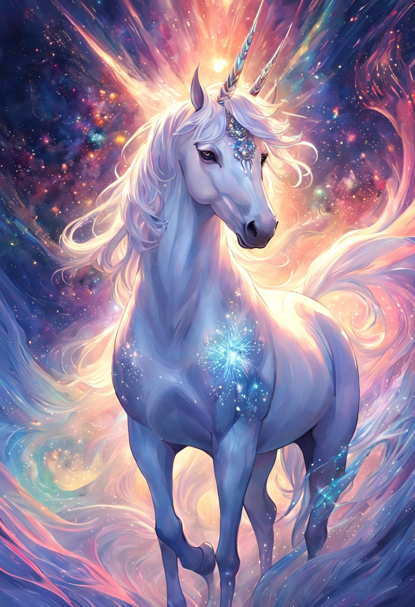 No characters in a fantasy world，Close-up of unicorn&#39;s milky white breasts(eyes clear and bright)Anatomically correct is a mysterious and beautiful creature，Possess pure soul and magical power。 A unicorn shining with colorful light stands on the forehead. Summoning ceremony. Dynamic god. Vivid and surreal texture., dramatic lighting, Illusive Trend Art Snowflakes are dancing and you feel the purity and dreaminess，Let the soul and fantasy meet，create beautiful miracles (extremely delicate and beautiful) detailed, masterpiece, high resolution, best quality, HD details, Ultra-detailed, Normal, Surrealistic dynamic angles and elegant atmosphere 
