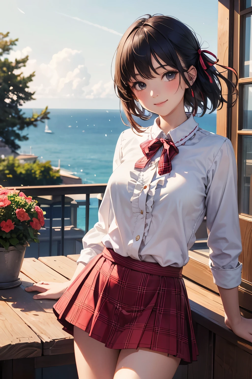 very cute and beautiful girl,(highly detailed beautiful face),(smile),blush,cowboy shot, (white blouse with detailed frills),long sleeve BREAK standing,skirt lift,(white panties), hair ribbon,black hair,(scarlet plaid mini skirt) BREAK (balcony),table and chairs,flowers in planter,distant trees and ocean, (best quality,masterpiece:1.2),absurdres,highres,ultra-detailed,extremely detailed,32k,8k resolution, intricate details,cinematic scene,detailed background,solo,dynamic angle, hair fluttering in the wind, (realistic),perfect hands,