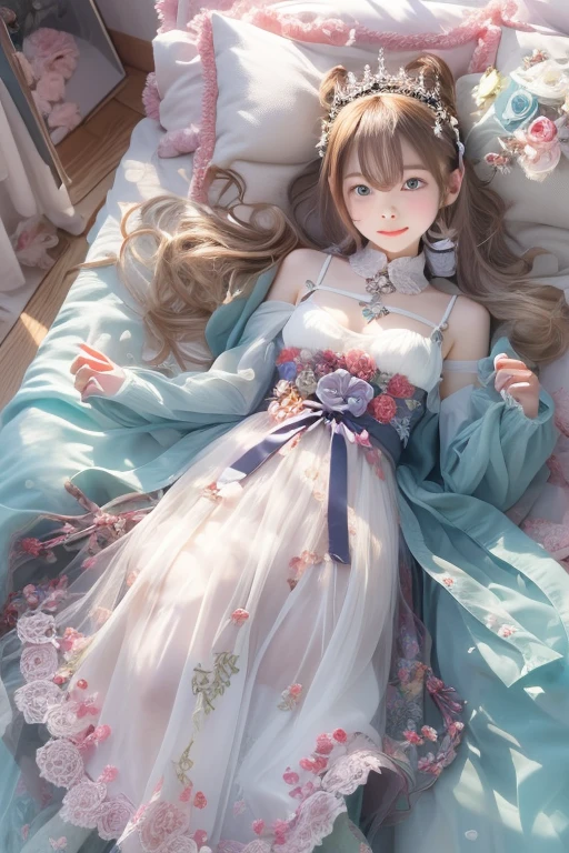 水上の女の子, Masterpiece, Top Quality, Highly Detailed, Dress, Alone, ((Contrasting Eyes)), (lying down), (spreading legs), arms raised, armpits, from above, smiling, bedroom