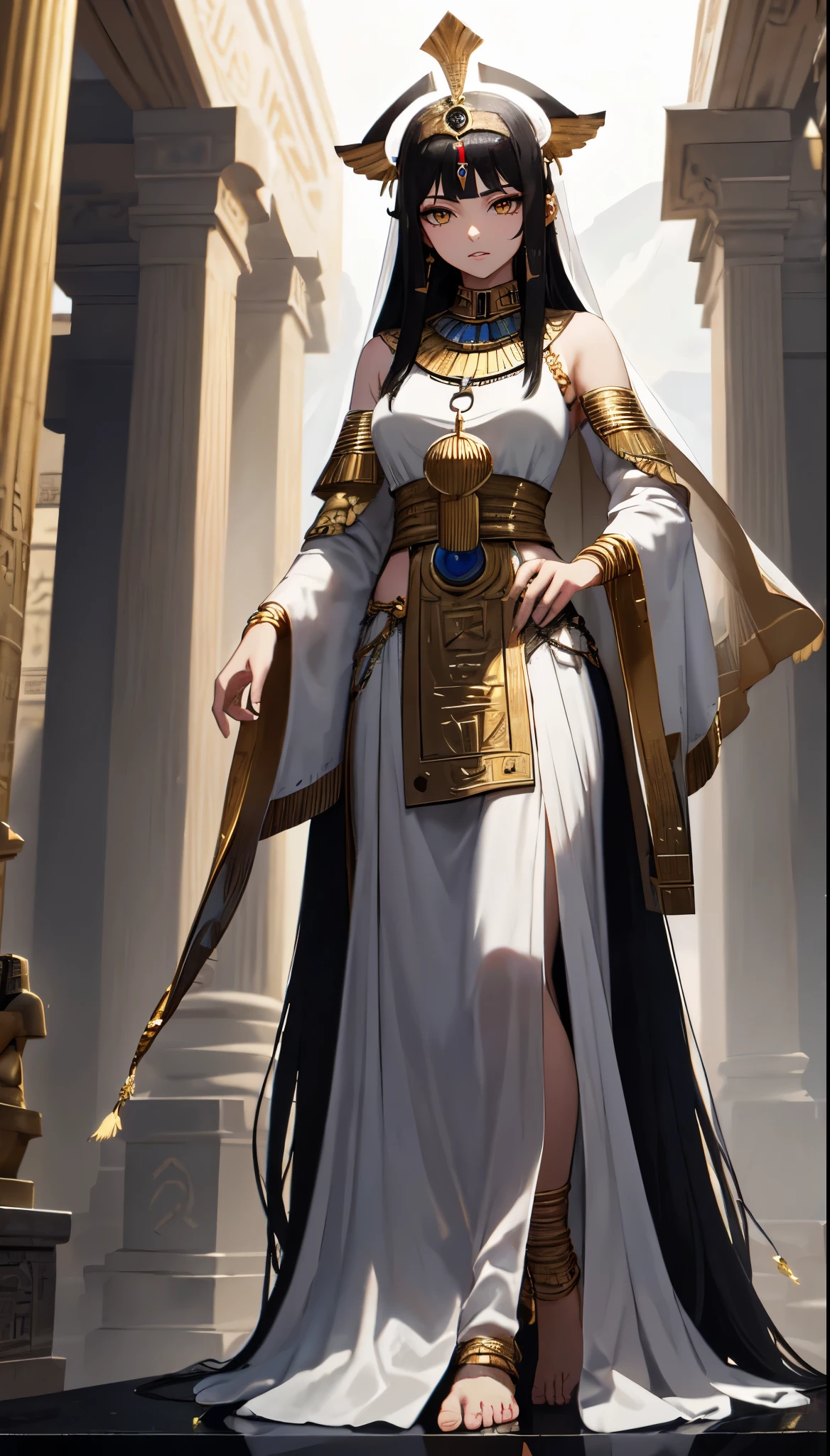 Temple Background,Slate and hieroglyphic text,long black hair,Standing close-up,dream world,Royal sister,wheat colored skin,Messy hair,golden eyes,eye shadow,makeup feel,,Temple Background,(Amun statue,grand temple,Epic feeling:2.0),A wide range of jewelry,(Style white long skirt,priestess dress,veil:2.0),necklace,her wheat-colored skin,Exotic,barefoot,Gemstone anklets,Detailedly drawn backgrounds