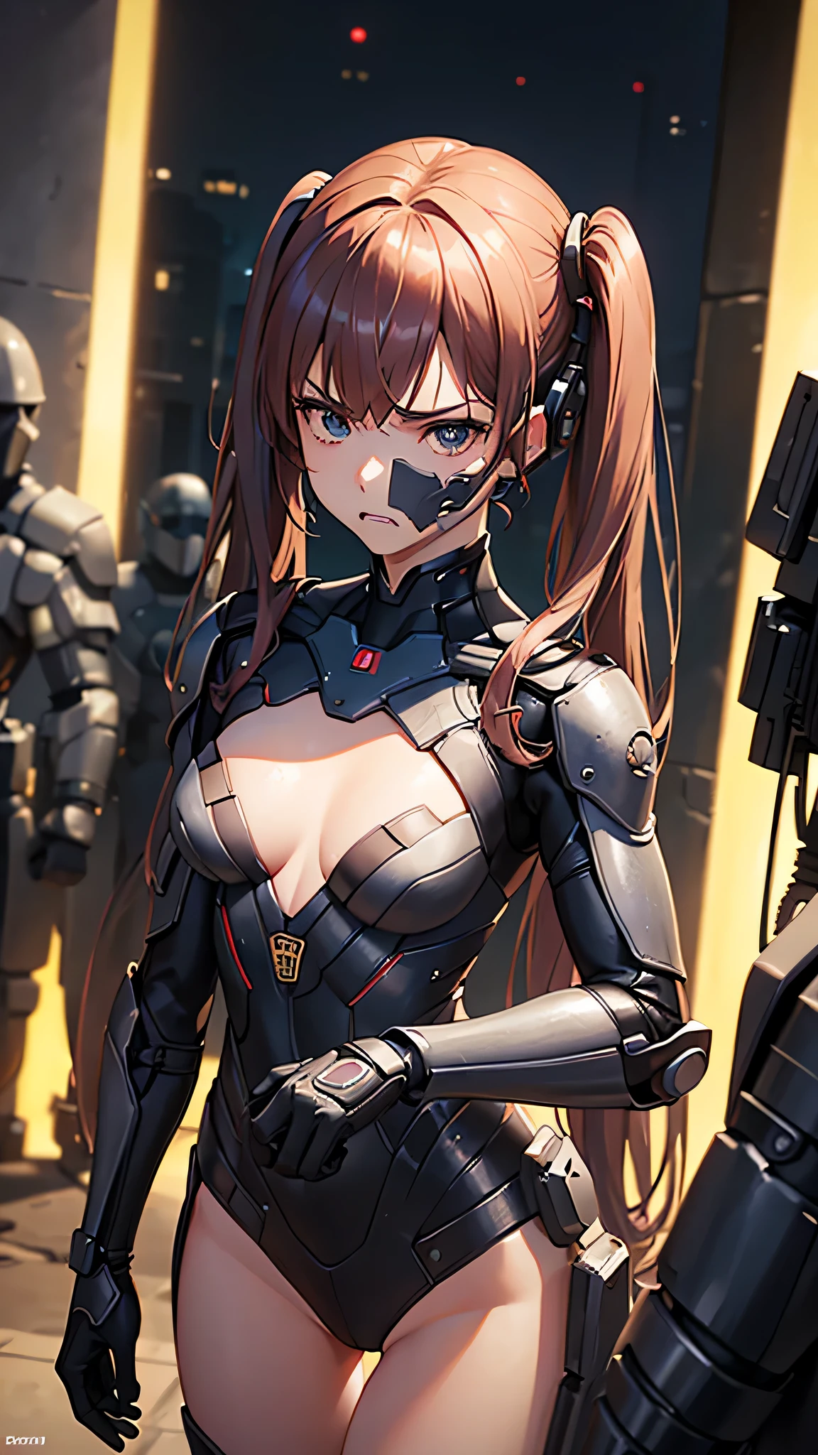 (Close-up:1.4)、(RAW photo:1.2)、(photorealistic:1.4)、(masterpiece:1.3)、(highest quality:1.4)、(Beautiful woman with perfect body:1.4)、Woman standing in front of a group of robots、beautiful android woman、beautiful female soldier、girl in a suit、complex combat uniform、beautiful young Japanese woman、Highly detailed face and skin texture、detailed big eyes、double eyelid、cute face、(twin tails:1.2)、(Medium chest)、beautiful breasts、(small butt)、(beautiful thighs)、(full body shot)、cowboy shot、(angry expression:1.2)、Storms and epic war scenes、cyberpunk scene、night time、illumination、plug suit、have a gun、combat uniform damage