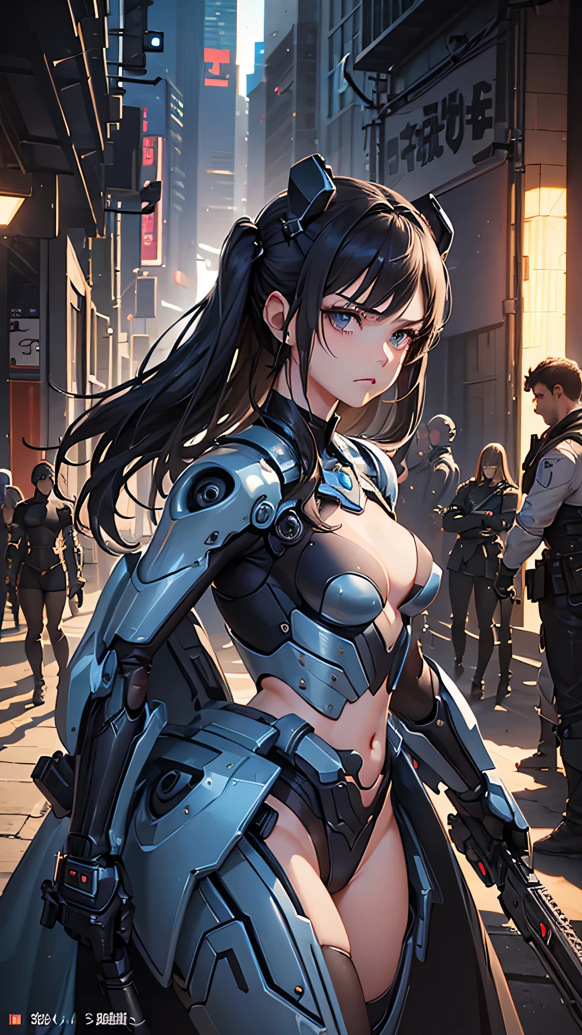 (Close-up:1.4)、(RAW photo:1.2)、(photorealistic:1.4)、(masterpiece:1.3)、(highest quality:1.4)、(Beautiful woman with perfect body:1.4)、Woman standing in front of a group of robots、beautiful android woman、beautiful female soldier、girl in a suit、complex combat uniform、beautiful young Japanese woman、Highly detailed face and skin texture、detailed big eyes、double eyelid、cute face、(twin tails:1.2)、(Medium chest)、beautiful breasts、(small butt)、(beautiful thighs)、(full body shot)、cowboy shot、(angry expression:1.2)、Storms and epic war scenes、cyberpunk scene、night time、illumination、plug suit、have a gun、combat uniform damage