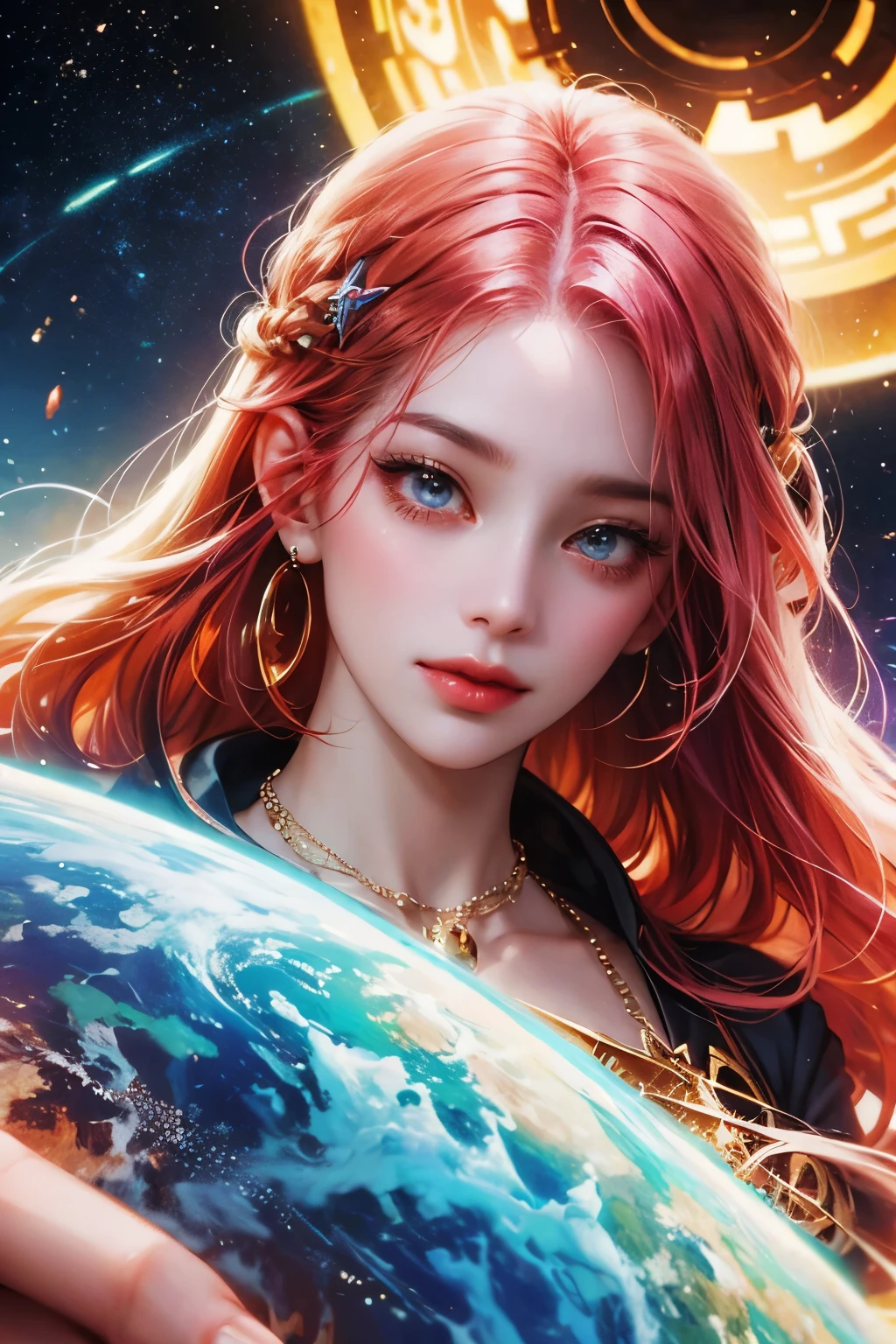 Close-up of a woman with colorful hair and necklace, anime girl with space hair, Rossdraws soft vibrancy, Art in the Gviz style, fantasy art style, colorful], vibrant fantasy style, A vibrant Ross cartoon, cosmic and colorful, Gweiz, colorful digital fantasy art, impressive art style, Nice anime style, shiny hair