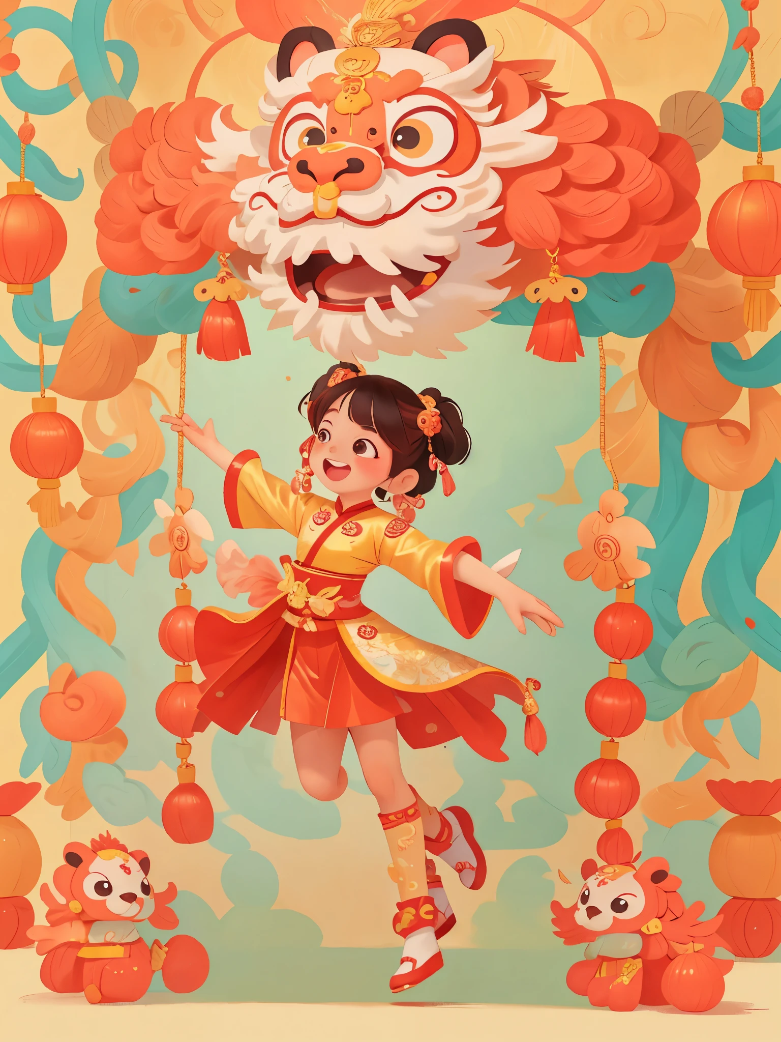 The picture shows a wonderful Chinese lion dance performance。The stage set faces the traditional courtyard,Big red lanterns hung high。center of picture,The majestic lion dance performance is ready。it is tall and powerful,covered in red fur,Body decorated in red、Green ornaments。Its lion head comes to life,The eyes are flexible,Stare ahead。Lion bites firecracker,It symbolizes the power of celebration and the power of destruction。 Two dancers perform lion dance。They wear uniform clothes,Precisely coordinate movement。Dancer in red robe,with dancing sticks,dancing lion body,Showing the strength and power of the lion。The rear dancer manipulates the tail of the lion dancer,Lion dance movements are flexible and elegant。 The audience was elated,The audience burst into prolonged applause and applause。They watched every move of the lion dance attentively,Full of joy and excitement。The whole picture is full of joy、happy atmosphere。The colors are bright and bright,Make you feel like you are in a happy festival,It shows the unique charm and wonderfulness of lion dance performances in Chinese culture。
