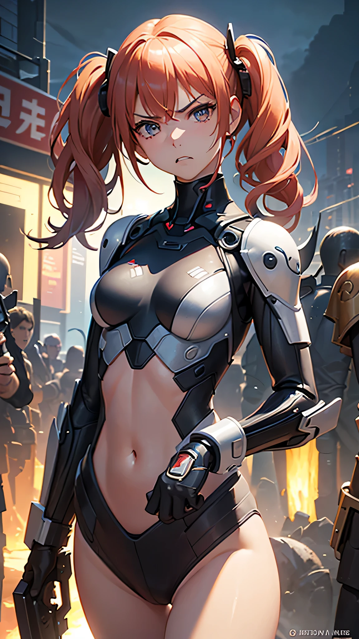 ((best quality)), ((Masterpiece)), (details:1.4), 3d, Image of a beautiful cyberpunk woman., HDR (high dynamic range), mature woman, Hips up, Curtain Bangs, Red hair, white eyes, battle suit, Heavy armor, PBR surface, After processing, Anisotropic filtration,depth of field, Maximum clarity and clarity, multi-layered surface, perfect proportions, 8K raw files, cyberpunk, at night, ผมหลายชั้น, กระโปรงสั้น, natural lighting, soft lighting, sunlight, หน้าอกใหญ่,