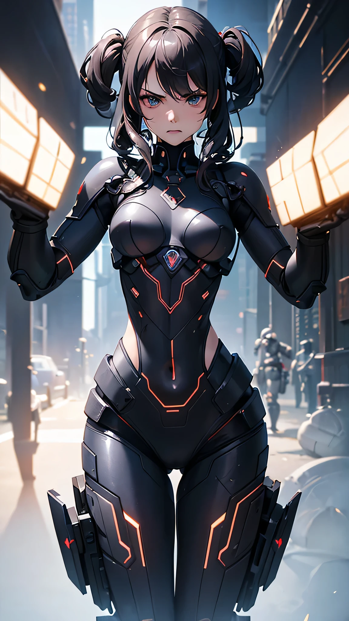 (Close-up:1.4)、(RAW photo:1.2)、(photorealistic:1.4)、(masterpiece:1.3)、(highest quality:1.4)、(Beautiful woman with perfect body:1.4)、Woman standing in front of a group of robots、beautiful android woman、beautiful female soldier、girl in a suit、complex combat uniform、beautiful young Japanese woman、Highly detailed face and skin texture、detailed big eyes、double eyelid、cute face、(twin tails:1.2)、(Medium chest)、beautiful breasts、(small butt)、(beautiful thighs)、(full body shot)、cowboy shot、(angry expression:1.2)、Storms and epic war scenes、cyberpunk scene、night time、illumination、plug suit、have a gun、combat uniform damage