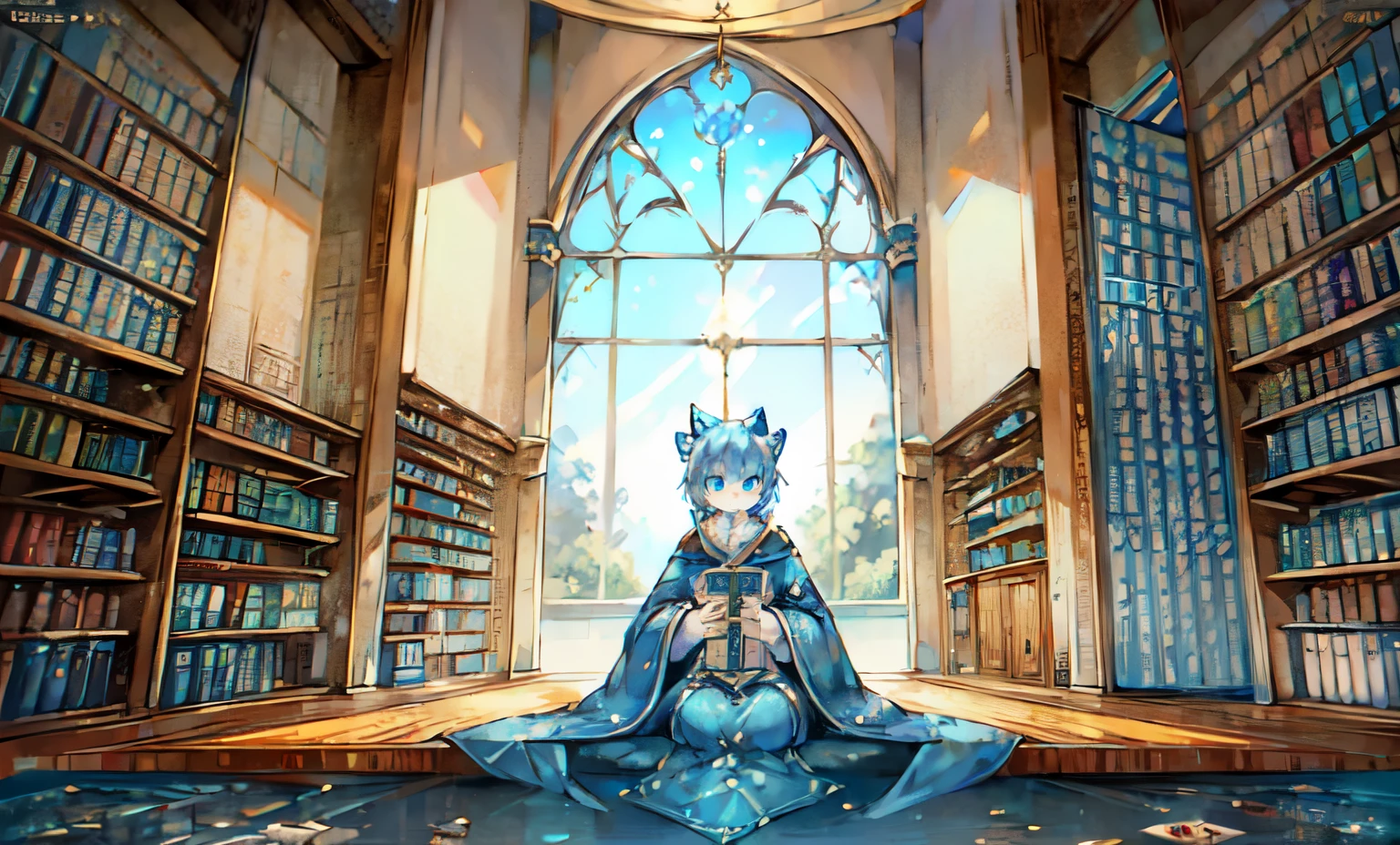 a white cat,Handheld scrolls,blue robe,holding a brush,Sitting in the attic,Blue longsword,blue pupils,cool color,map,flowing robe,clear blue sky,paper on the table,Read a book,sit on carpet,bookcase,The floor is covered with scrolls,scroll hanging on pillar,Gorgeous carpet,gorgeous costumes,juvenile,