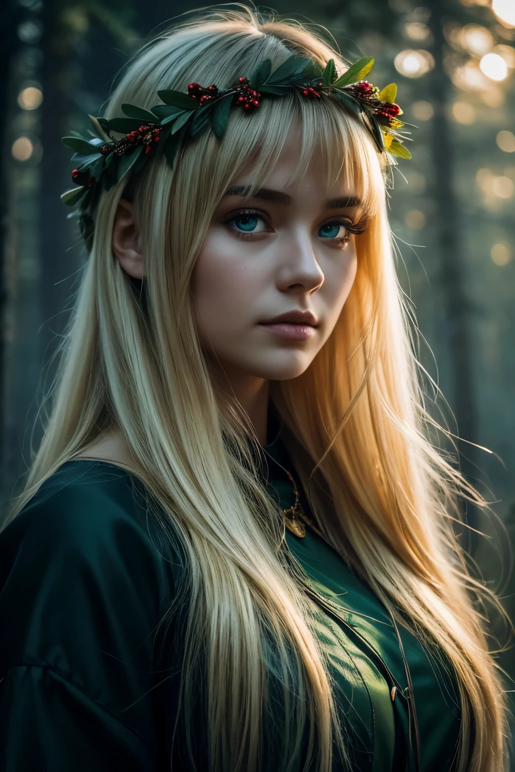 gloomy dense foggy forest, Russia, siberia, spruce branches close up, young woman, Illuminated face, wreath on his head, green eyes in the foreground, fairy tale, Russian traditional,  Russian фольклор, Gzhel decorations, Russian,  blonde hair, gloomy night, green, black, blue, цифровая Photoграфия, Highly detailed 4K digital art, Night Landscape, 4k Wallpaper, Anime art wallpaper 4K, Detailed 4K digital art, Night Landscape, Photo, wallpaper 8k, portrait, art uhd 4k, 4k HD illustrative wallpaper