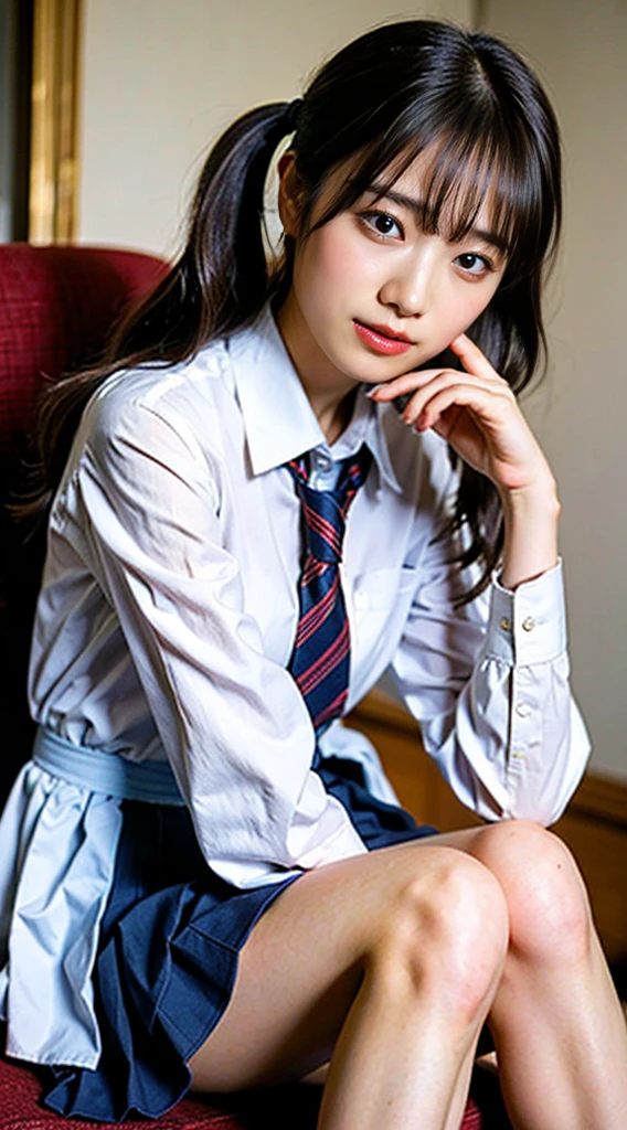 (8K、RAW photo、highest quality、masterpiece:1.2)、(realistic、Photoreal)、40 years、1 girl、I have a mole next to my eye、((White shirt with long sleeves、sailor suit、red tie、Below-the-knee length navy pleated skirt))、（high school girl）、The skirt is rolled up、gal、lots of eyelashes、glitter on eyelids、Dark Red Knee-High Socks、Skeletally correct、thighs open、wavy twintails、cute smile、sweaty body、attractive body beautiful perfect body、V-line emphasis、put your hands behind your head、Beautifully aligned fingertips、