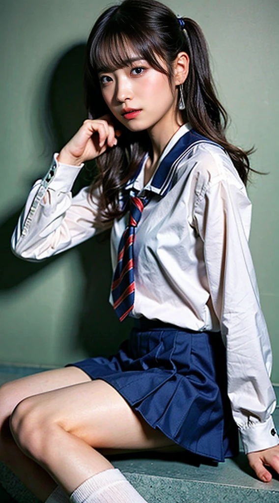 (8K、RAW photo、highest quality、masterpiece:1.2)、(realistic、Photoreal)、40 years、1 girl、I have a mole next to my eye、((White shirt with long sleeves、sailor suit、red tie、Below-the-knee length navy pleated skirt))、（high school girl）、The skirt is rolled up、gal、lots of eyelashes、glitter on eyelids、Dark Red Knee-High Socks、Skeletally correct、thighs open、wavy twintails、cute smile、sweaty body、attractive body beautiful perfect body、V-line emphasis、put your hands behind your head、Beautifully aligned fingertips、