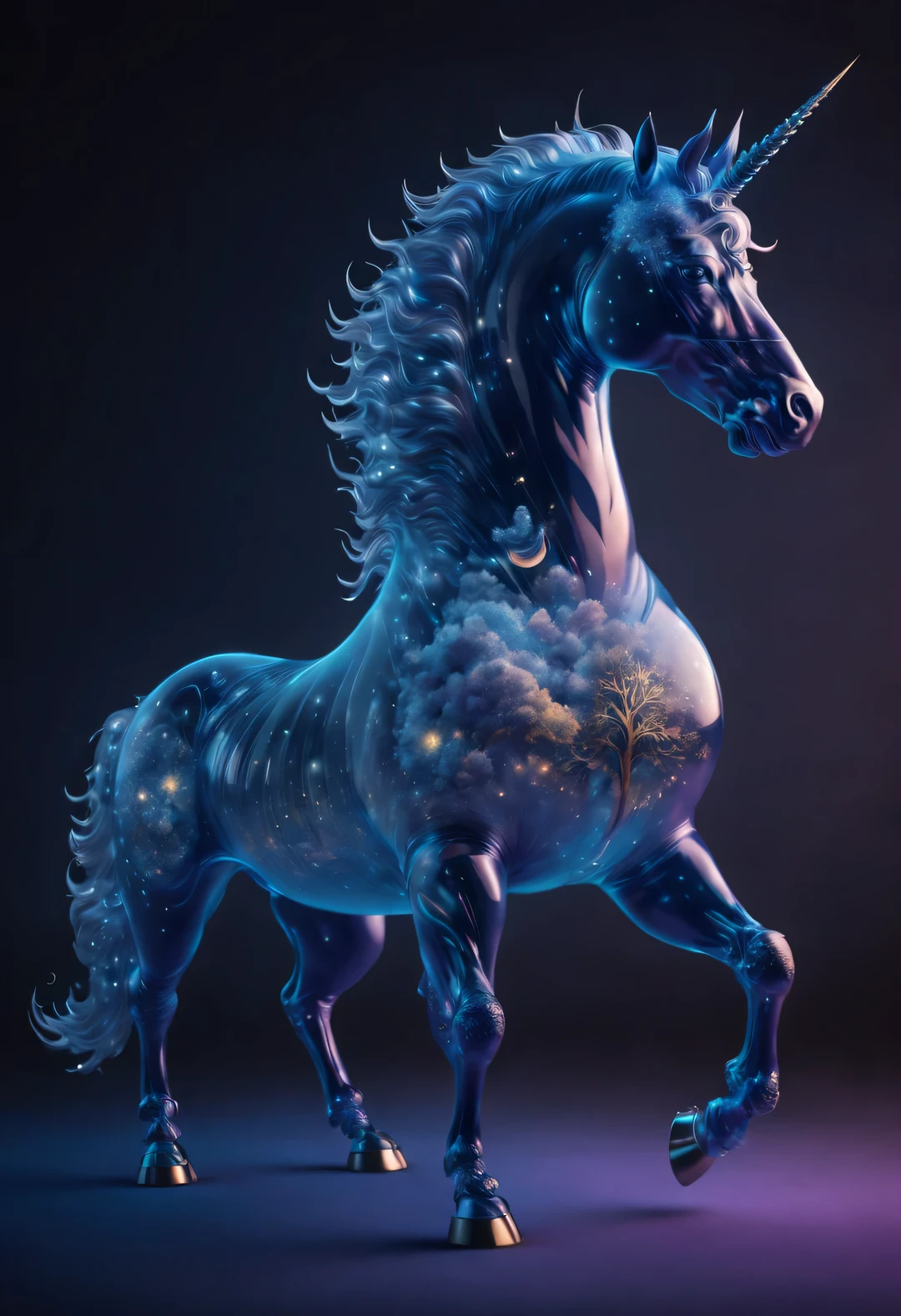 Double exposure surreal art style, (The huge body of the translucent blue unicorn blends with the graphic symbols of the 12 Western zodiac signs.),
Creature with spiral horns on its forehead,have wings,It is possible to fly in the air. Unicorn heads are usually very elegant, Harmonizes with body proportions. The most striking feature of a unicorn is the spiral unicorn above its head, Gives a jade-like appearance, usually white, Transparent or light blue tint, And tall and elegant,
Their faces are usually triangular in shape, with bright, Deep eyes reveal wisdom and alertness. Eye color may be blue, green, gold or purple, Unicorn ears are pointed and straight, Give people a feeling of alertness.
Unicorn bodies are usually very toned, smooth lines.
background: In the foggy forest in Greek mythology, blue purple light, Full of mystery, Epic graphics, Bottom Up, look up, look up perspective,,Dan Flavin (Dan Flavin) a beautiful painting of,Pointillism,art,Super real,imaginative,dreamlike,otherworldly,wonderland, ethereal, Ice Age, aries constellation, ♈︎,virgo, ♍︎,Scorpio, ♏︎,Sagittarius, ♐︎,octane rendering,Unreal Engine,bottom view,beautiful lights,