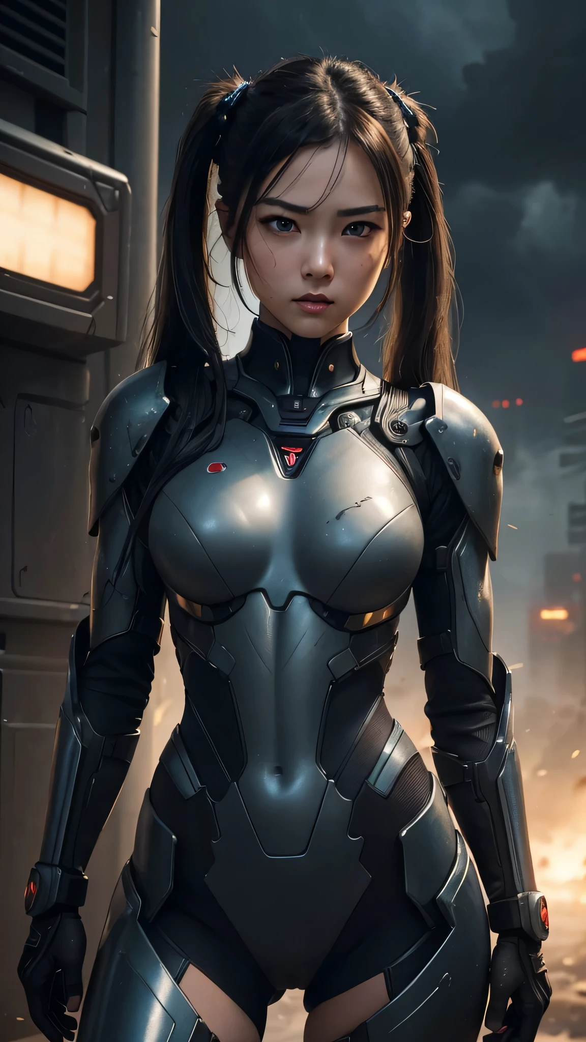 (Close-up:1.4)、(RAW photo:1.2)、(photorealistic:1.4)、(masterpiece:1.3)、(highest quality:1.4)、(Beautiful woman with perfect body:1.4)、Woman standing in front of a group of robots、beautiful android woman、beautiful female soldier、girl in a suit、complex combat uniform、beautiful young Japanese woman、Highly detailed face and skin texture、detailed big eyes、double eyelid、cute face、(twin tails:1.2)、(Medium chest)、beautiful breasts、(small butt)、(beautiful thighs)、(full body shot)、cowboy shot、(angry expression:1.2)、Storms and epic war scenes、cyberpunk scene、night time、illumination、plug suit、have a gun、combat uniform damage