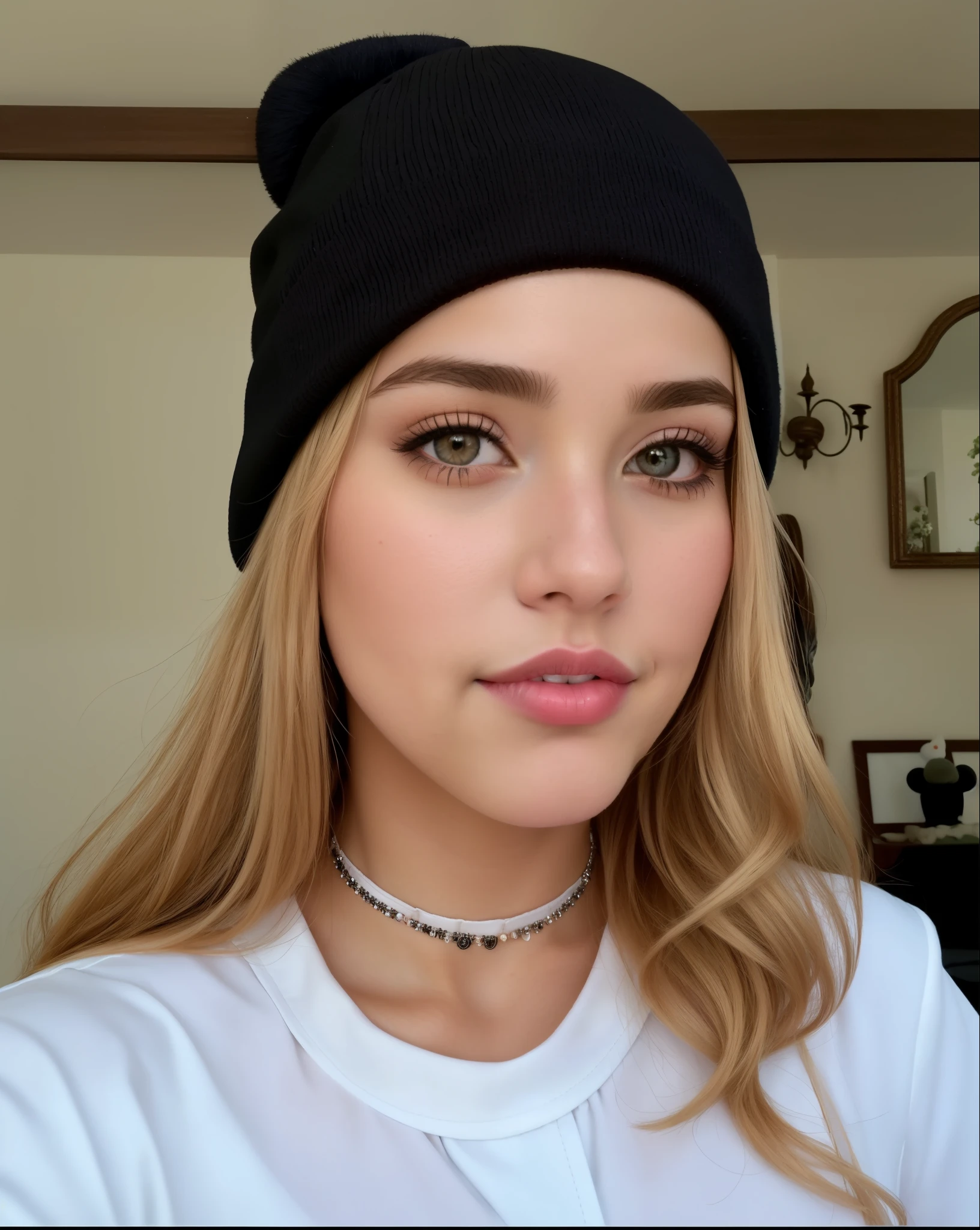 puffy woman with black hat and white shirt taking a selfie, sem maquiagem, Retrato de Sophie Mudd, 18 anos de idade, usando um gorro, with black hat on head, rosto perfeito!!, 1 6 anos, wearing a cute hat, ela tem um rosto fofo, wearing a choker and a cute hat, usando gorro, rosto perfeito and boy