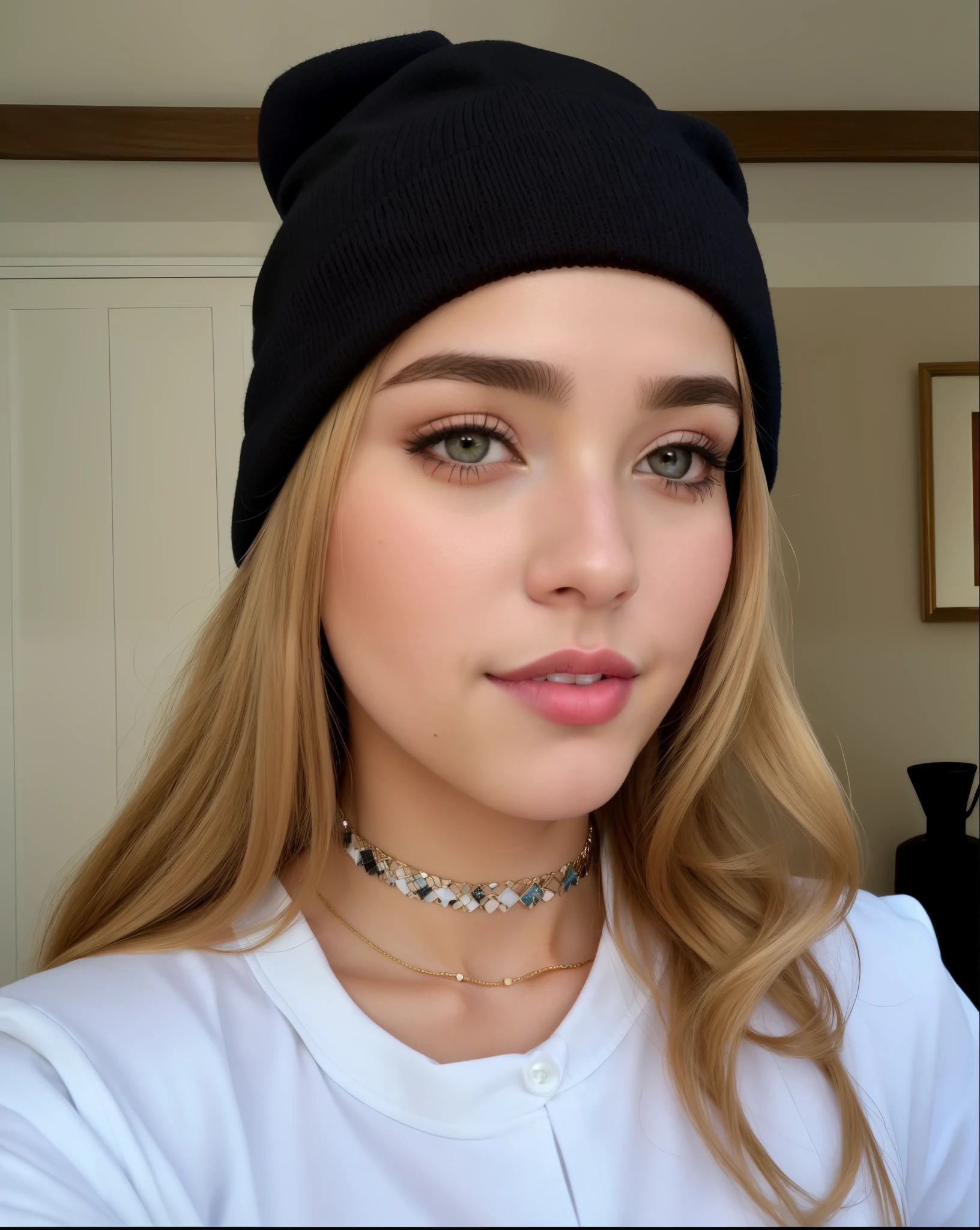 puffy woman with black hat and white shirt taking a selfie, sem maquiagem, Retrato de Sophie Mudd, 18 anos de idade, usando um gorro, with black hat on head, rosto perfeito!!, 1 6 anos, wearing a cute hat, ela tem um rosto fofo, wearing a choker and a cute hat, usando gorro, rosto perfeito and boy