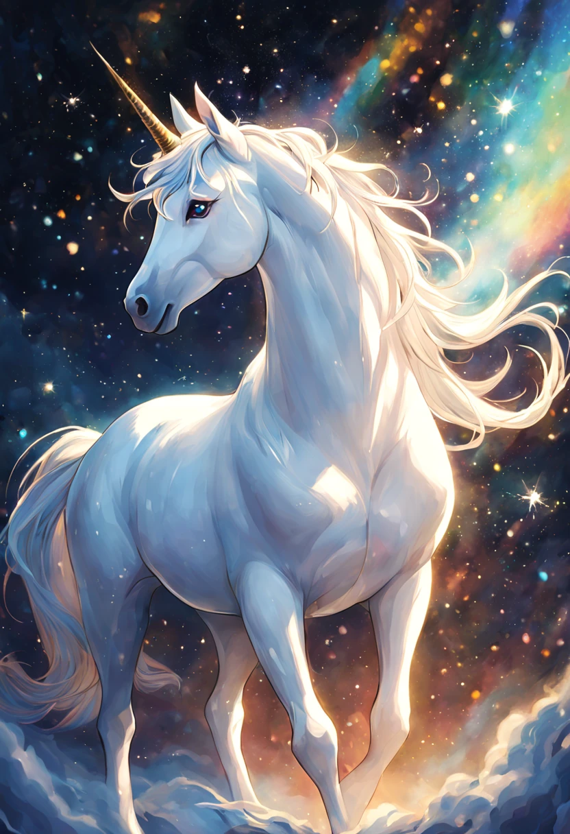 No characters in a fantasy world,Close-up of unicorn's milky white breasts(eyes clear and bright)Anatomically correct is a mysterious and beautiful creature,Possess pure soul and magical power。 A unicorn shining with colorful light stands on the forehead. Summoning ceremony. Dynamic god. Vivid and surreal texture., dramatic lighting, Illusive Trend Art Snowflakes are dancing and you feel the purity and dreaminess,Let the soul and fantasy meet,create beautiful miracles (extremely delicate and beautiful) detailed, masterpiece, high resolution, best quality, HD details, Ultra-detailed, Normal, Surrealistic dynamic angles and elegant atmosphere