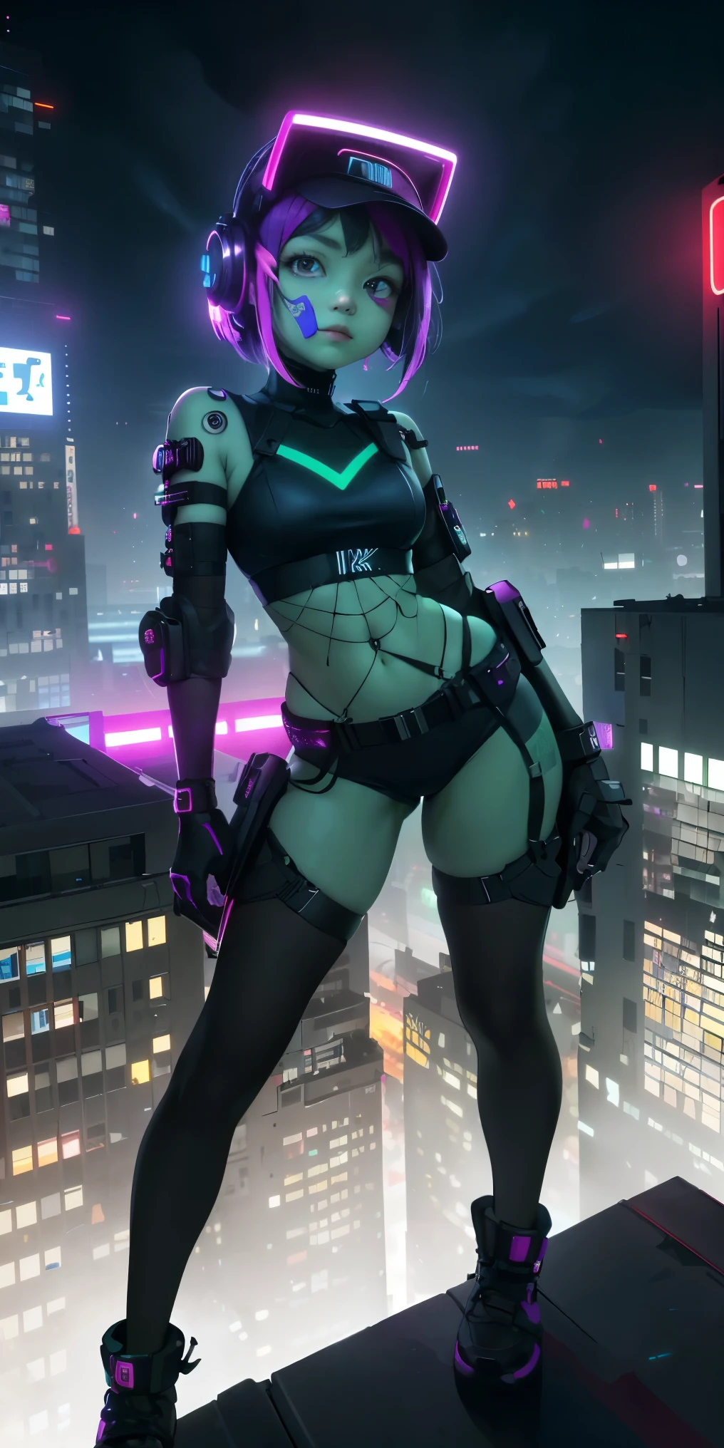 maximum quality))、((obra-prima)、ciberpunk、Electronic visor fixed to the face of a -yeld gilooking at the city from the roof of a building、Moda Cyberpunk、pose sexy、Seios aumentados、Neon lights in the dark city at night