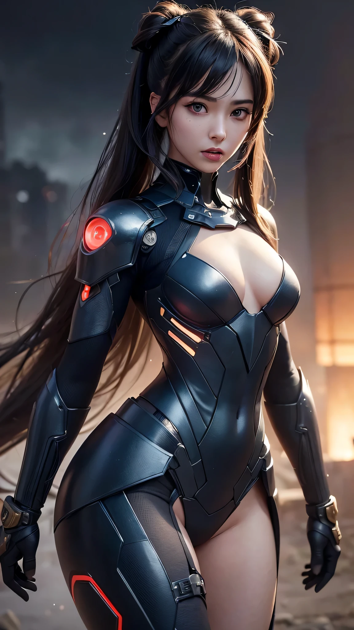 (Close-up:1.4)、(RAW photo:1.2)、(photorealistic:1.4)、(masterpiece:1.3)、(highest quality:1.4)、(Beautiful woman with perfect body:1.4)、Woman standing in front of a group of robots、beautiful android woman、beautiful female soldier、girl in a suit、complex combat uniform、beautiful young Japanese woman、Highly detailed face and skin texture、detailed big eyes、double eyelid、cute face、(twin tails:1.2)、(Medium chest)、beautiful breasts、(small butt)、(beautiful thighs)、(full body shot)、cowboy shot、(angry expression:1.2)、Storms and epic war scenes、cyberpunk scene、night time、illumination、plug suit、have a gun、combat uniform damage