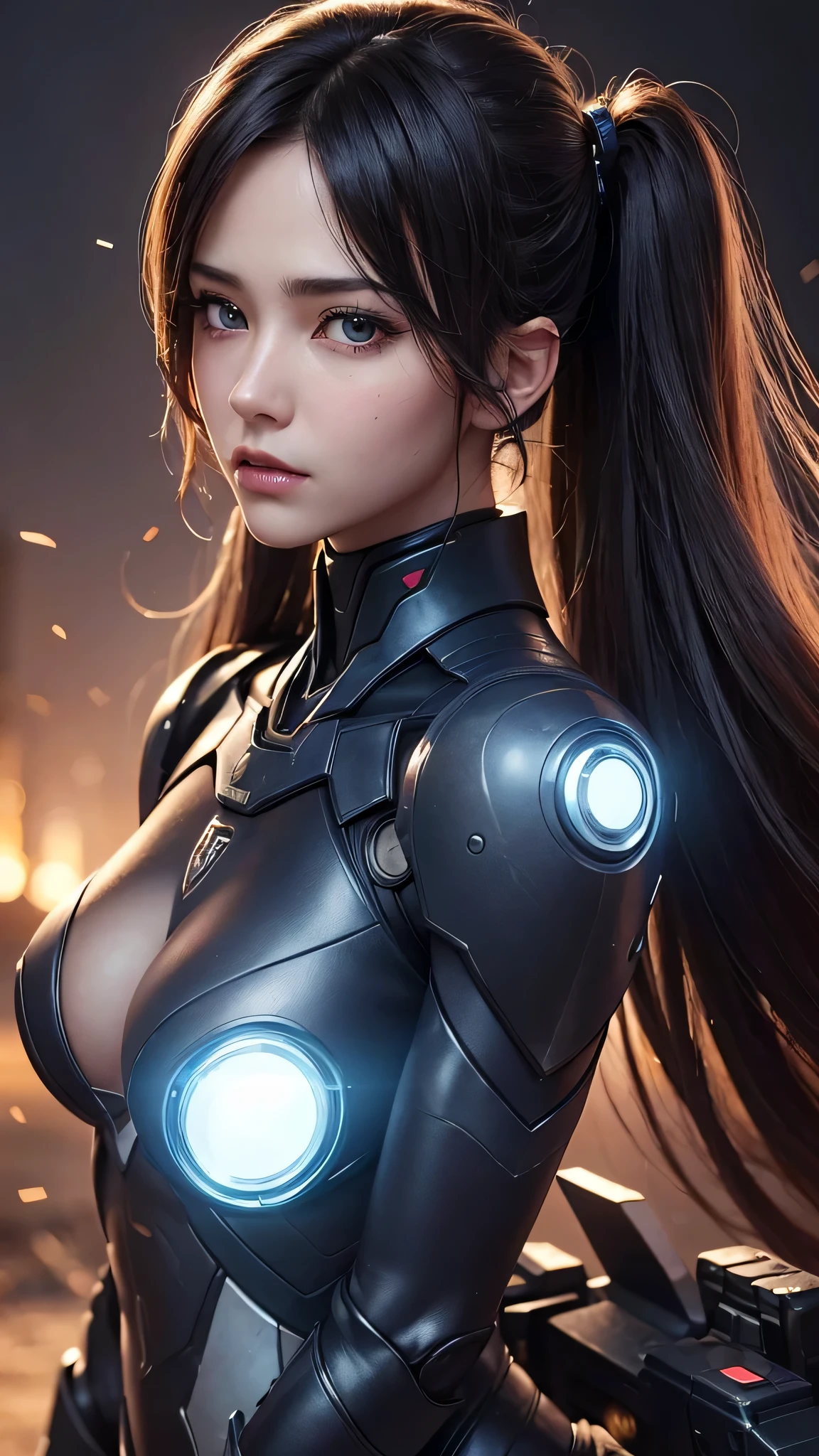 (Close-up:1.4)、(RAW photo:1.2)、(photorealistic:1.4)、(masterpiece:1.3)、(highest quality:1.4)、(Beautiful woman with perfect body:1.4)、Woman standing in front of a group of robots、beautiful android woman、beautiful female soldier、girl in a suit、complex combat uniform、beautiful young Japanese woman、Highly detailed face and skin texture、detailed big eyes、double eyelid、cute face、(twin tails:1.2)、(Medium chest)、beautiful breasts、(small butt)、(beautiful thighs)、(full body shot)、cowboy shot、(angry expression:1.2)、Storms and epic war scenes、cyberpunk scene、night time、illumination、plug suit、have a gun、combat uniform damage