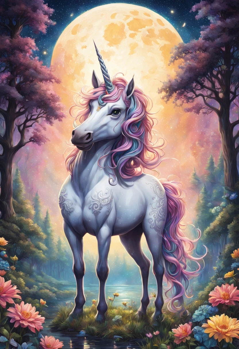 A highly detailed, multicolored fantasy unicorn, under a bright, starry night. The unicorn has intricate, delicate features, including beautiful detailed eyes, a majestic horn, and flowing, colorful mane and tail. The unicorn stands in a lush, enchanted forest, surrounded by vibrant flowers, tall trees, and magical creatures. The scene is illuminated by the soft glow of the moon and twinkling stars, casting a dreamy, ethereal light. The artwork is inspired by the High Gothic art style, with intricate details, ornate patterns, and a sense of grandeur. The colors are vibrant and rich, with a mix of bold and pastel hues, creating a visually stunning and captivating composition. The artwork is created by the collaboration of Mark Brooks and Dan Mumford, two renowned comic book artists known for their perfect and smooth illustrations. The final image is of the highest quality, with a resolution of 4k or higher, showcasing the smallest details with ultra-detailed precision. The overall result is a masterpiece that brings the fantasy unicorn to life in a mesmerizing and enchanting way.