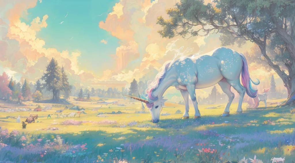 (fantasy unicorn), grazing at the meadows, pastel themed world, by peter mohrbacher