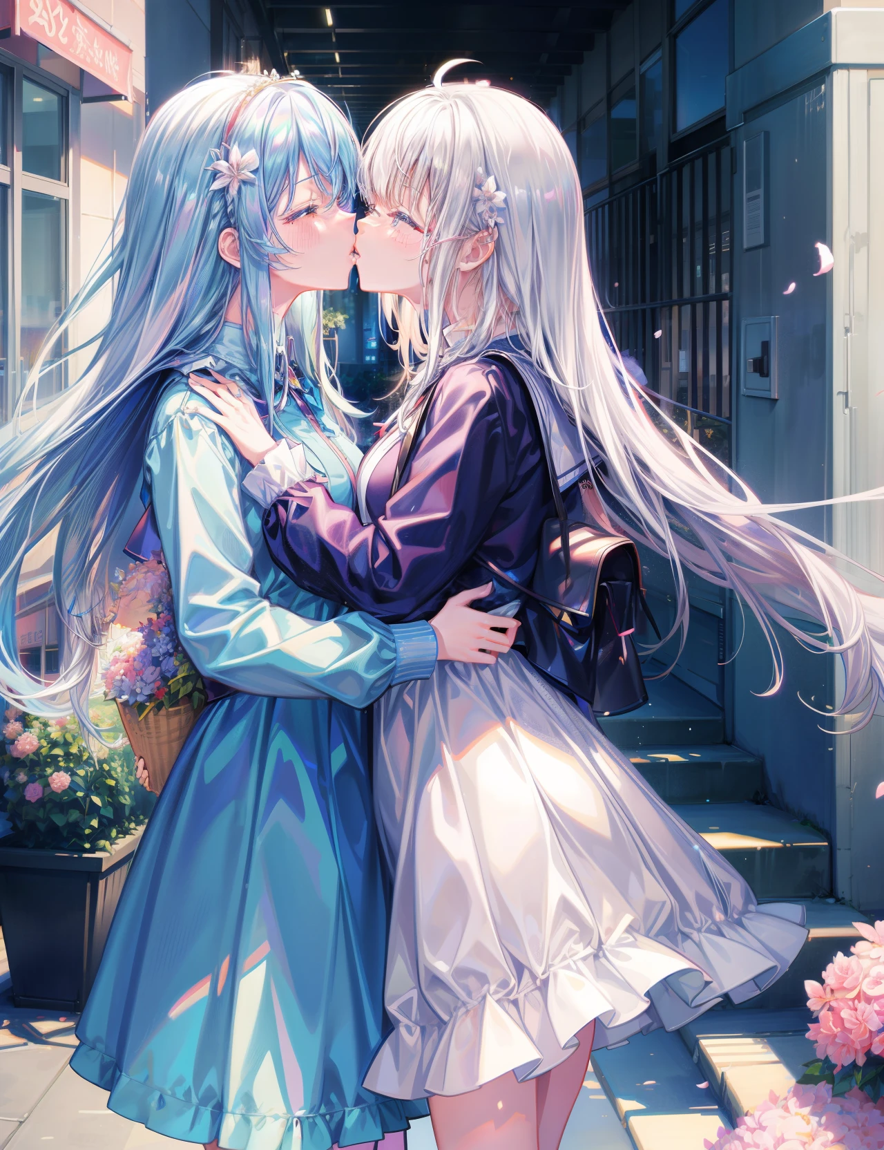 Anime couple kissing in front of a building with flower pots, kiss together cutely, lovely kiss, kiss together, two beautiful anime girl, wlop and sakimichan, High-definition official artwork, Smooth anime CG art, beautiful anime high school girl, anime girl, perfect white haired girl, [ 4K digital art ]!!, small details. girls frontline