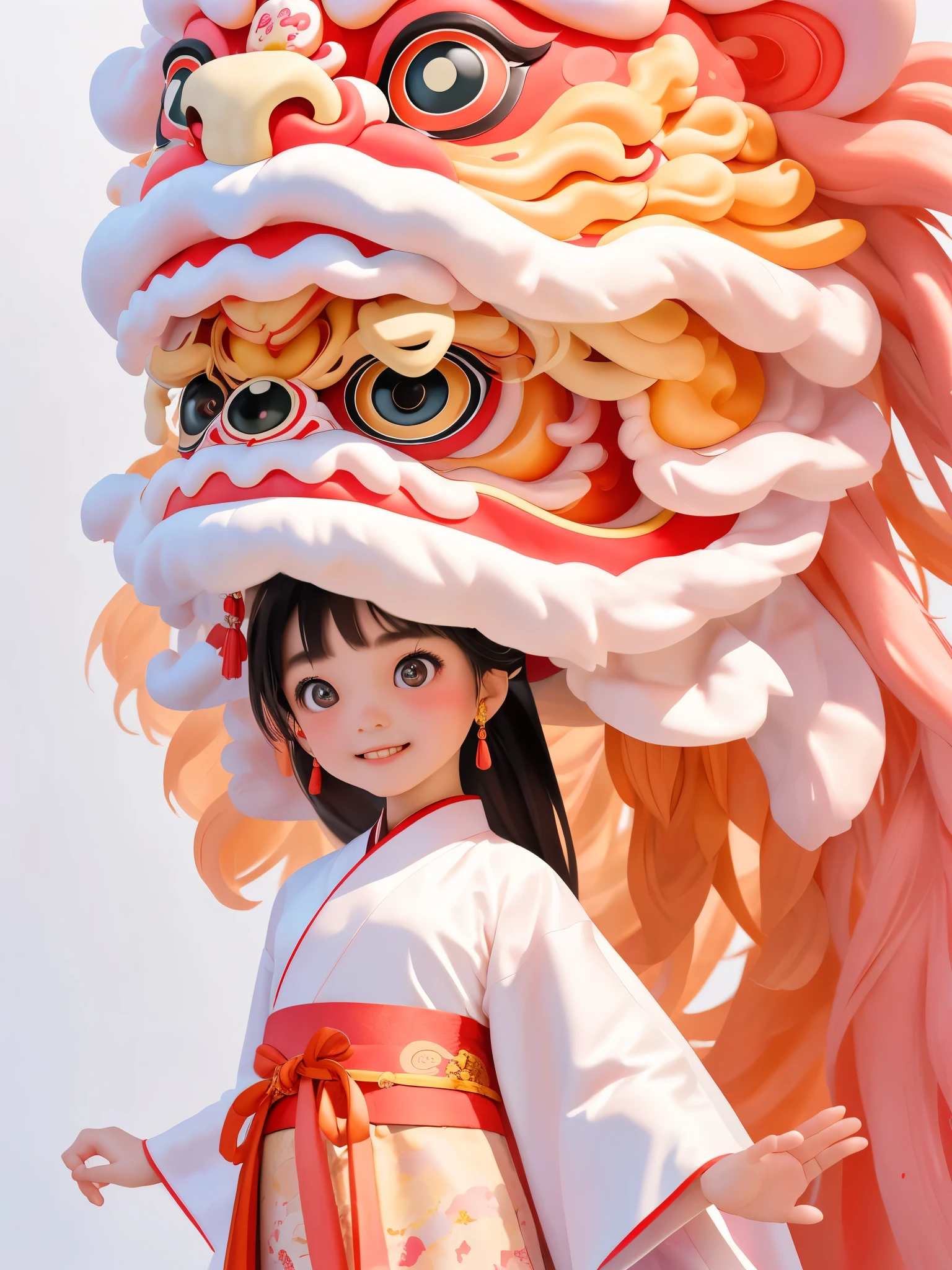 dream to be((lion dance girl))of cute girls, (())，装扮成lion dance girl，wear(((Hanfu robe))), background：Chinese style buildings and red lanterns around，smiling, (masterpiece: 1.2) (actual: 1.2) (Bokeh) (best quality) (delicate skin: 1.3) (intricate details) (8k) (exquisite eyes) (sharp focus), (happy)