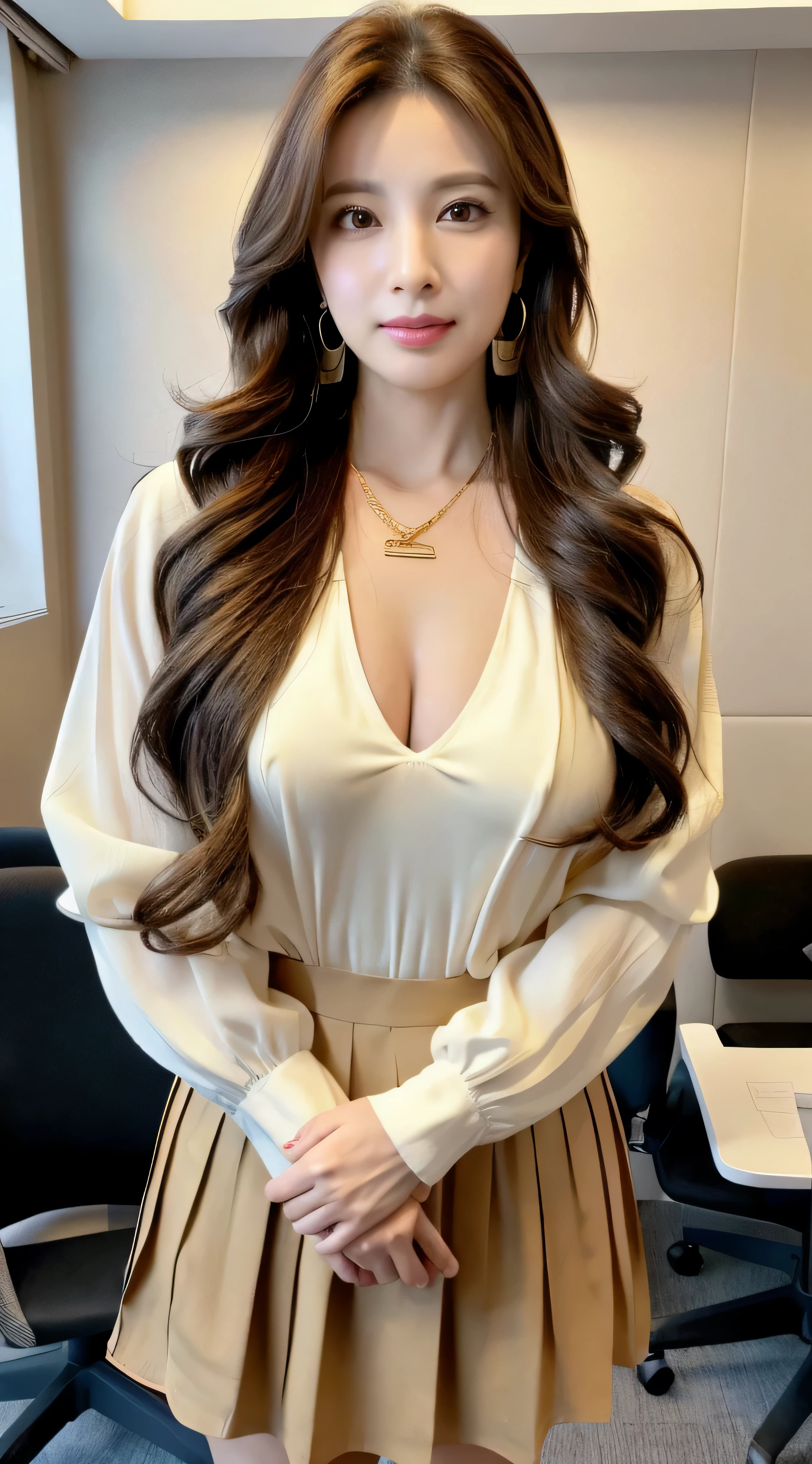 zzang -6500-v1.1、(Raw photo:1.2)、(フォトreal)、beautiful details、(real:1.4)、big breasts、big breasts、ighly detailedな目と顔、beautiful detailed eyes、standing in the office、(Black ribbon blouse、long sleeve、ultra thin、nipple、White pleated mini skirt:1.2)、(超realなパンスト、high heels)、huge file size、High resolution、very detailed、highest quality、[masterpiece:1.6]、illustration、ighly detailed、nffsw、finely detailed、highest quality、8k wallpaper、cinematography lighting、1 milf、43 years old、 perfect body shape、cute droopy eyes、beautiful eyes、Pieckfinger、((masutepiece))、highest quality、1 milf、eye shadow、Portrait、((full body shot:1.4))、((Super long brown hair:1.4))、(loosely wavy hair:1.3))、((very bright:1.3))、((gold necklace_big earrings:1.2))