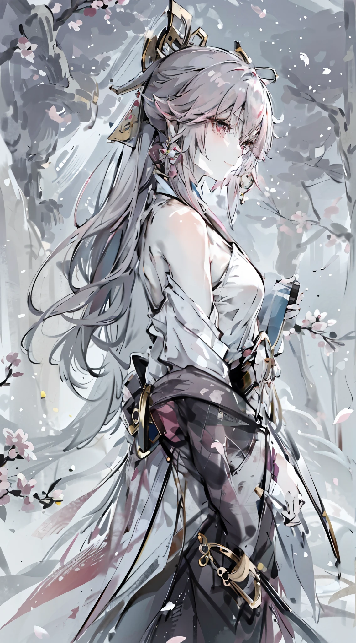 yae miko, 1girl, \n/, animal ears, bare shoulders, blush, breasts, cherry blossoms, closed mouth, detached sleeves, earrings, flower, fox ears, gem, hair between eyes, hair ornament, hand up, japanese clothes, jewelry, kimono, long hair, looking at viewer, medium breasts, miko, nontraditional miko, pink eyes, pink flower, pink hair, purple gemstone, short kimono, sidelocks, smile, solo, upper body, white kimono, ((masterpiece))