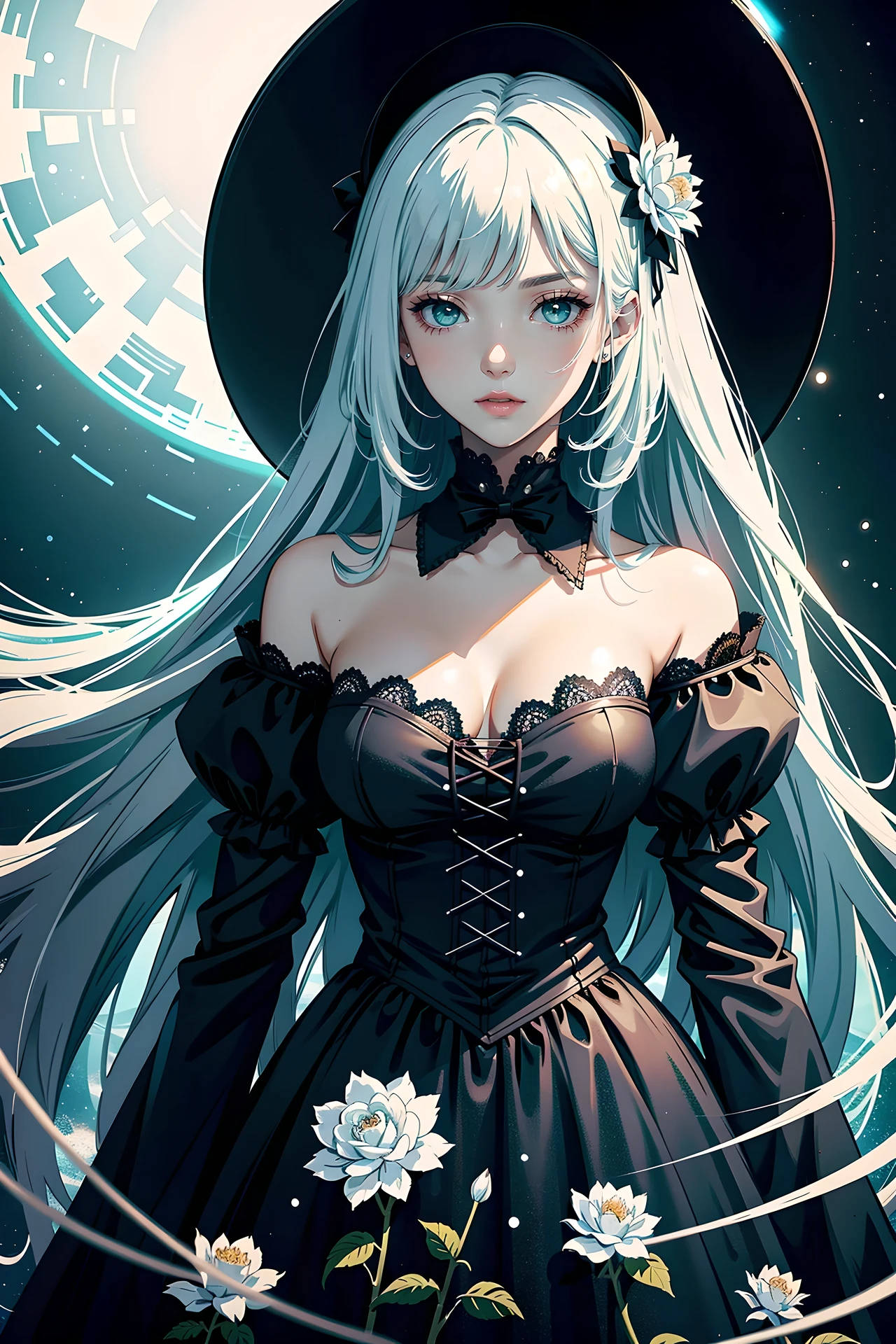 anime Vampire Princess, long white hair, gothic style, roses in hair, dark black eyelashes, white glow irises, light blue dress, digital illustration, comic style, gothic renaissance, perfect anatomy, centered, approaching perfection, dynamic, highly detailed, gothic castle detailed background, blood, artstation, concept art, smooth, sharp focus, illustration, art by wlop and ross tran ,glitter
