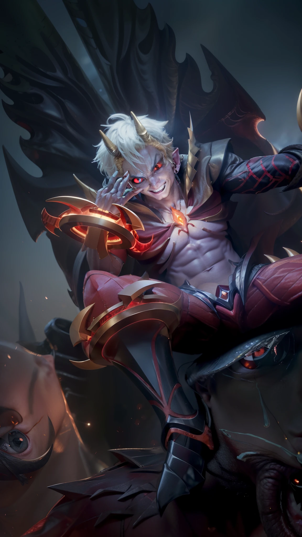 Masterpiece, ultra HD, detailed all picture, a close up of a devil, dyrroth from mobile legend, evil, extremely detailed artgerm, mobile legends character, inspired by Dyrroth, Six pack chest and abs, yellow jewel above the chest.