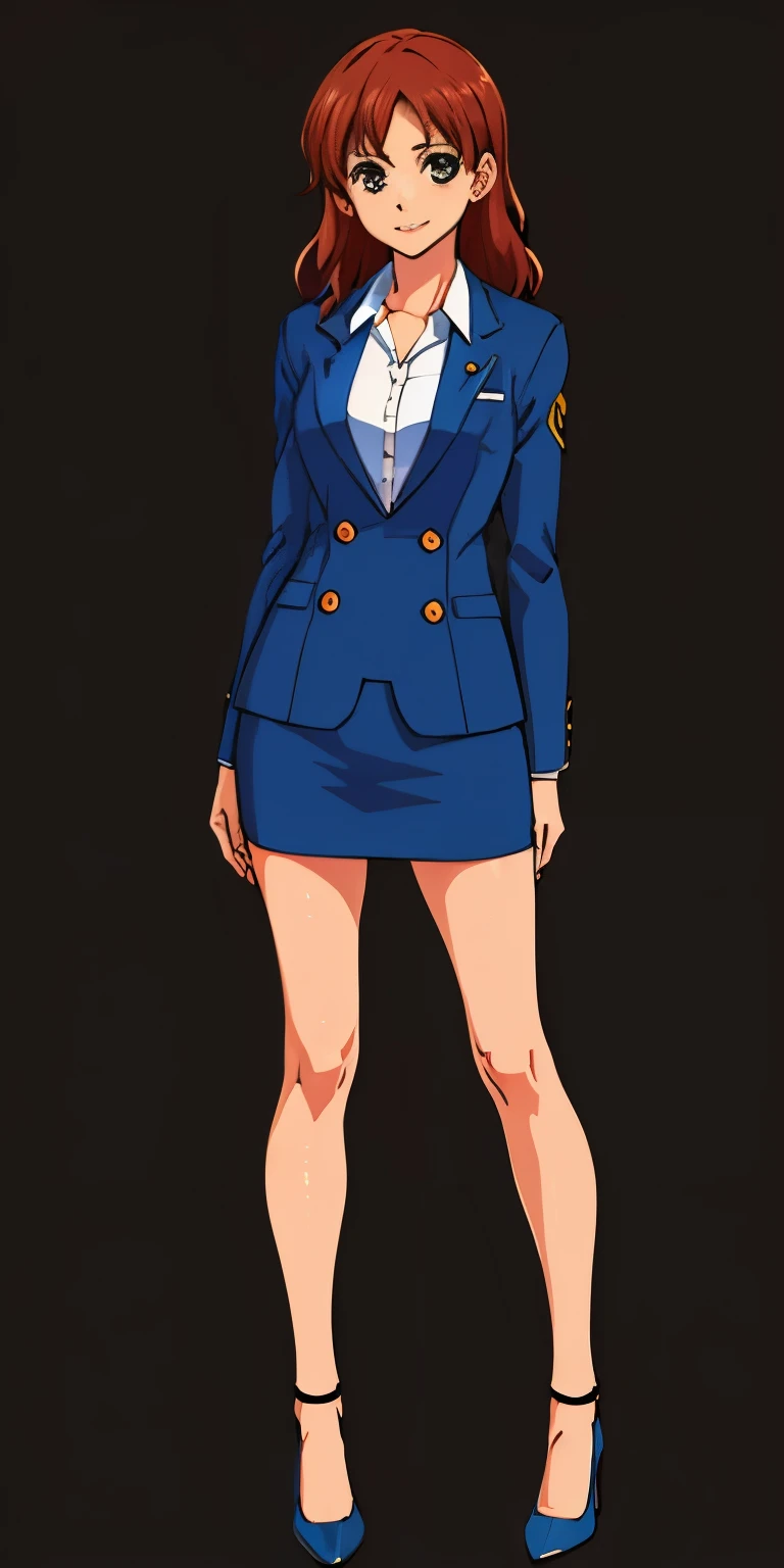 woman, brown hair, wavy hair, hazel eyes, very detailed, smile, dark blue blazer, white blouse, Dark blue knee-length pencil skirt, exposed legs, black high heels, full body shot, Same pose, matching outfit, same outfit, twin sisters