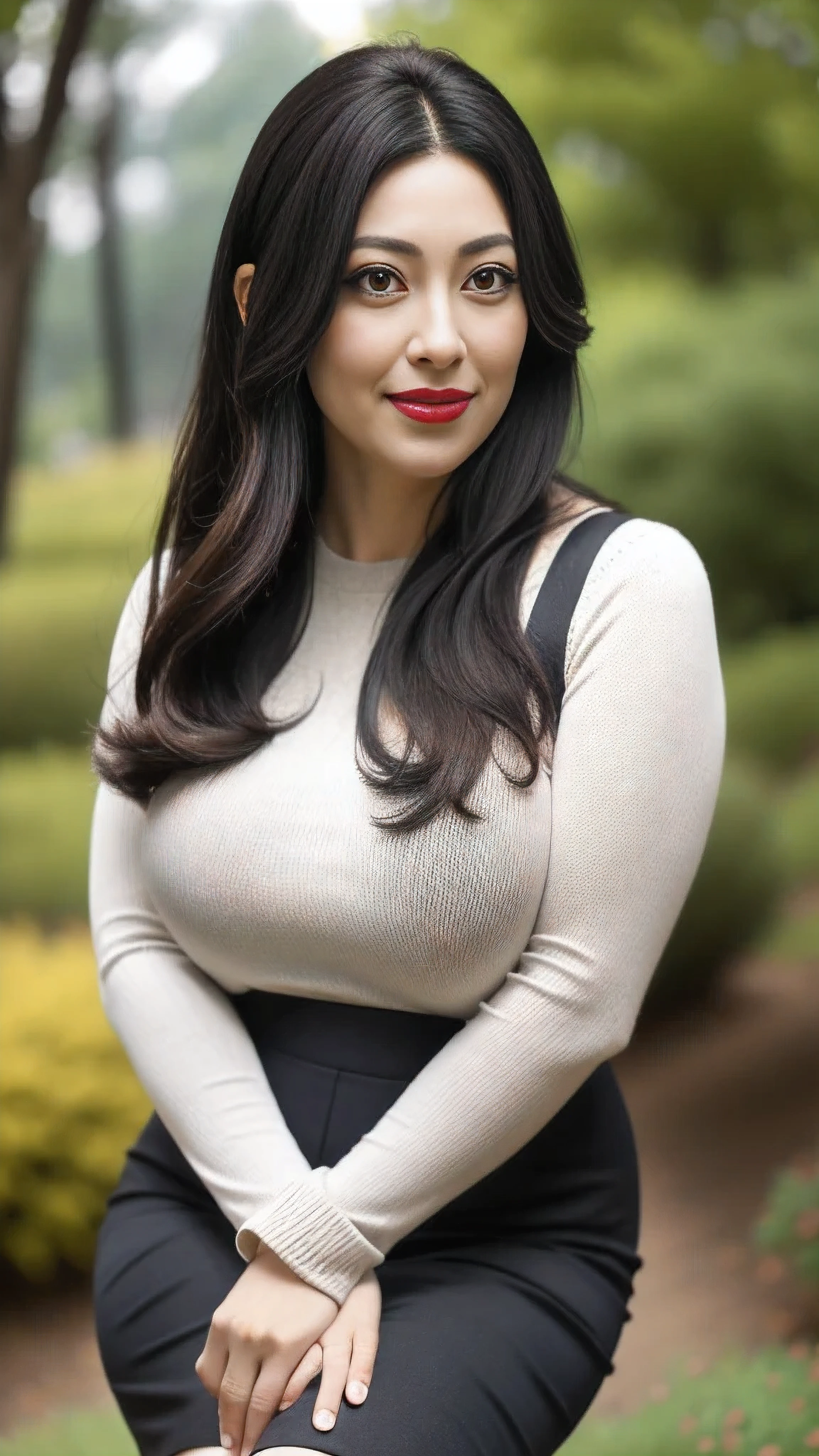 full-body shot，Greasy suspender pantyhose，an asian japanese woman，40 years old，big eyes，elegant, huge, Breast sagging( best quality), actual, (real picture,45 years old， intricate details,), awas, The content is very detailed, It's a perfect face, Perfect body, large model, mature woman,tight knitted skirt，High heel，nature backdrop，Bokeh，long eyelashes,dark eye shadow，Apply lipstick，Face with heavy makeup，Very detailed,