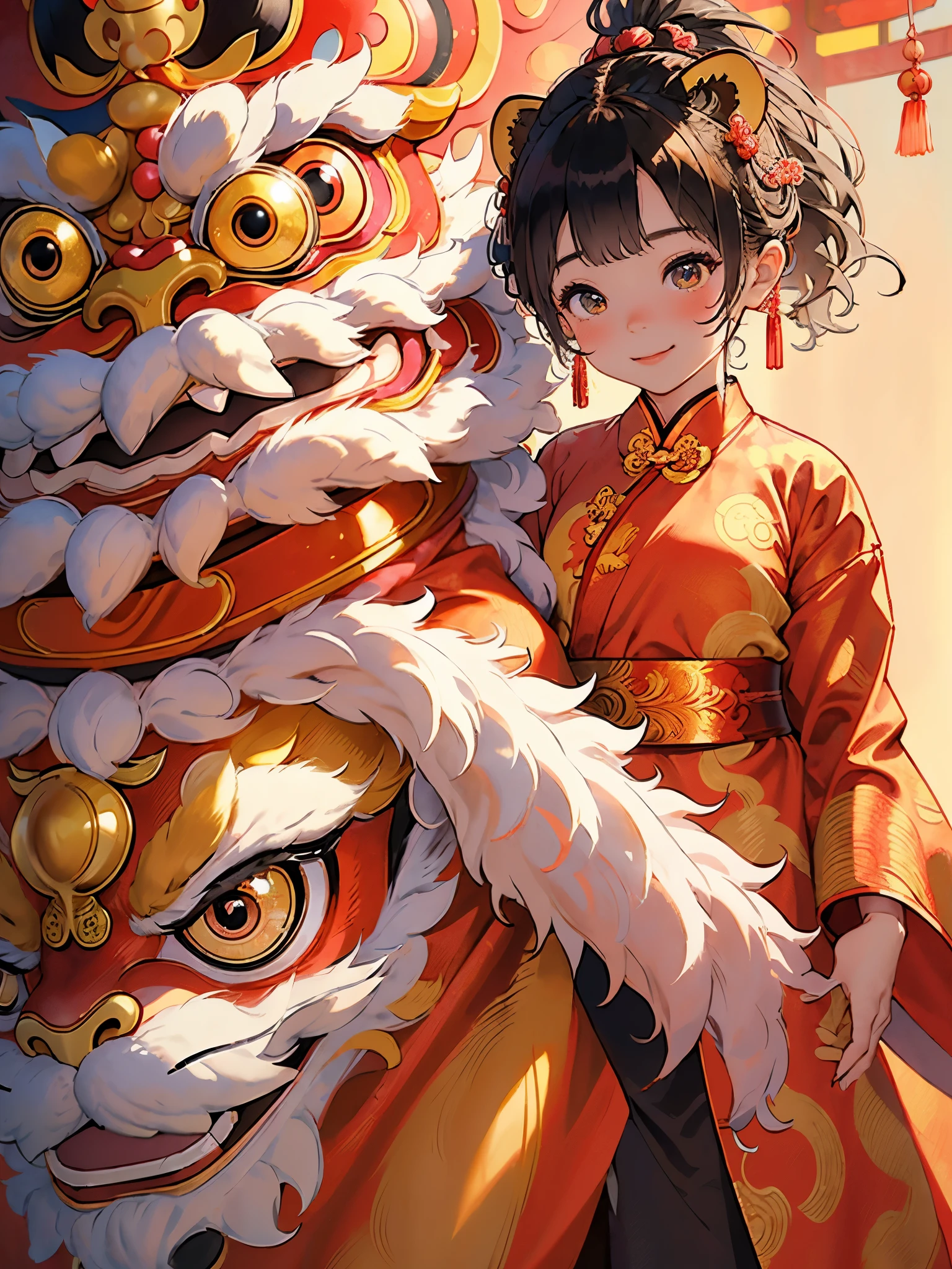 dream to be((lion dance girl))of cute girls, ((preschool))，装扮成lion dance girl，wear(((Hanfu robe))), background：Chinese style buildings and red lanterns around，smiling, (masterpiece: 1.2) (actual: 1.2) (Bokeh) (best quality) (delicate skin: 1.3) (intricate details) (8k) (exquisite eyes) (sharp focus), (happy)