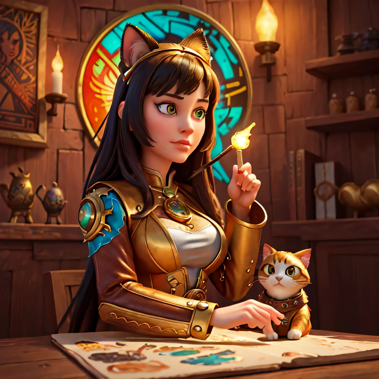 obras de arte de alta qualidade:1.4, arte UHD detalhada:1.4, pintura com faca de paleta, fantasia e arte steampunk, feiticeira com gato, symmetrical golden cat armor, artistas incluem Martin Ansin, Carne Griffiths, Petros Afshar, e Jody Bergsma, Luminescent Lighting, Retrato VFX, illustration detailed, perfect composition.