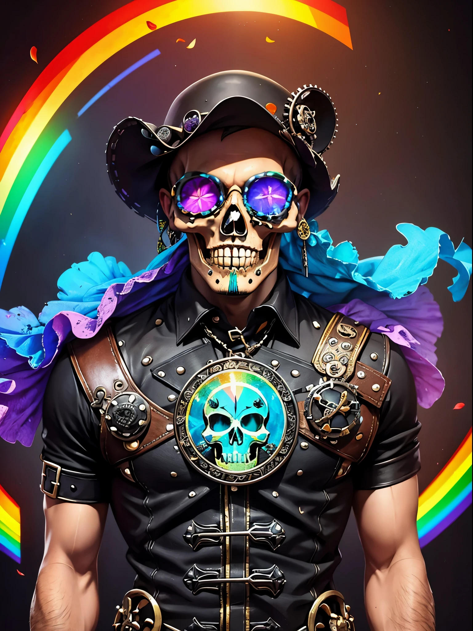 ordered pixels,Calavera Steampunk,flying petal,Pintura de esqueleto pulido de metal de hombre sobre fondo negro,A rainbow surrounds the skull,Formar diferentes estructuras, breathtaking rendering, Magical rainbow elements,Splendid round rainbow combination,circular composition,Solo