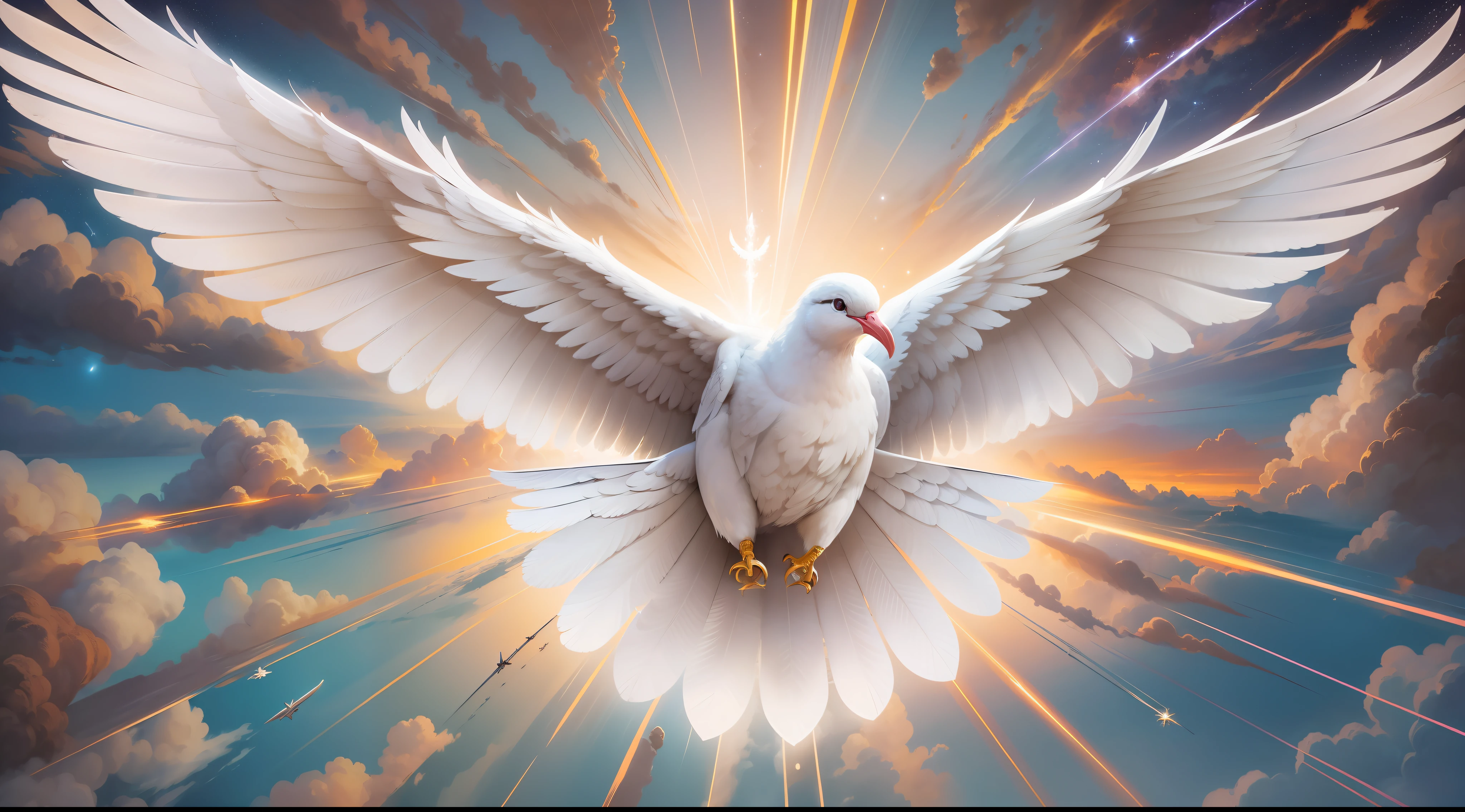 uma pomba branca voando In the sky com uma luz brilhante saindo dela, pomba branca, holy spirit, ophanim has bird wings, pombas voando no portal, onde, em paz, pombas, majestosas asas de pomba grande, she is arriving heaven, beautiful image ever created, Luz Celestial, background is celestial, papel de parede hd, celestial, sky on Earth, In the sky, pegue a chave, lua bela, fora, noite linda, Noturno, pegue a chave, holy spirit