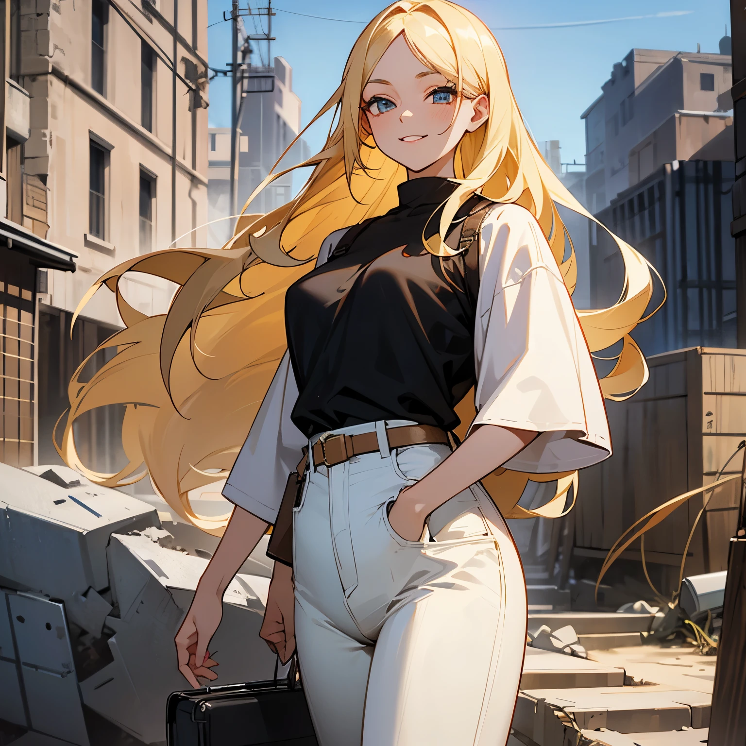adult women,blonde,long hair down to waist,Japanese,beautiful woman,beautiful,Eye color is black,Smile,Occupation is researcher,The background is a ruined city area,(Eyes are black),Townspeople,Clothing is based on white,Wearing Western clothes,casual,Wearing pants,Wearing jeans,wearing a t-shirt,Wearing a jacket,The tips of the hair are a little black