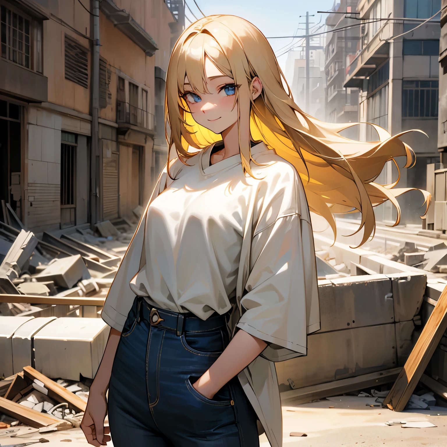 adult women,blonde,long hair down to waist,Japanese,beautiful woman,beautiful,Eye color is black,Smile,Occupation is researcher,The background is a ruined city area,(Eyes are black),Townspeople,Clothing is based on white,Wearing Western clothes,casual,Wearing pants,Wearing jeans,wearing a t-shirt,Wearing a jacket,The tips of the hair are a little black