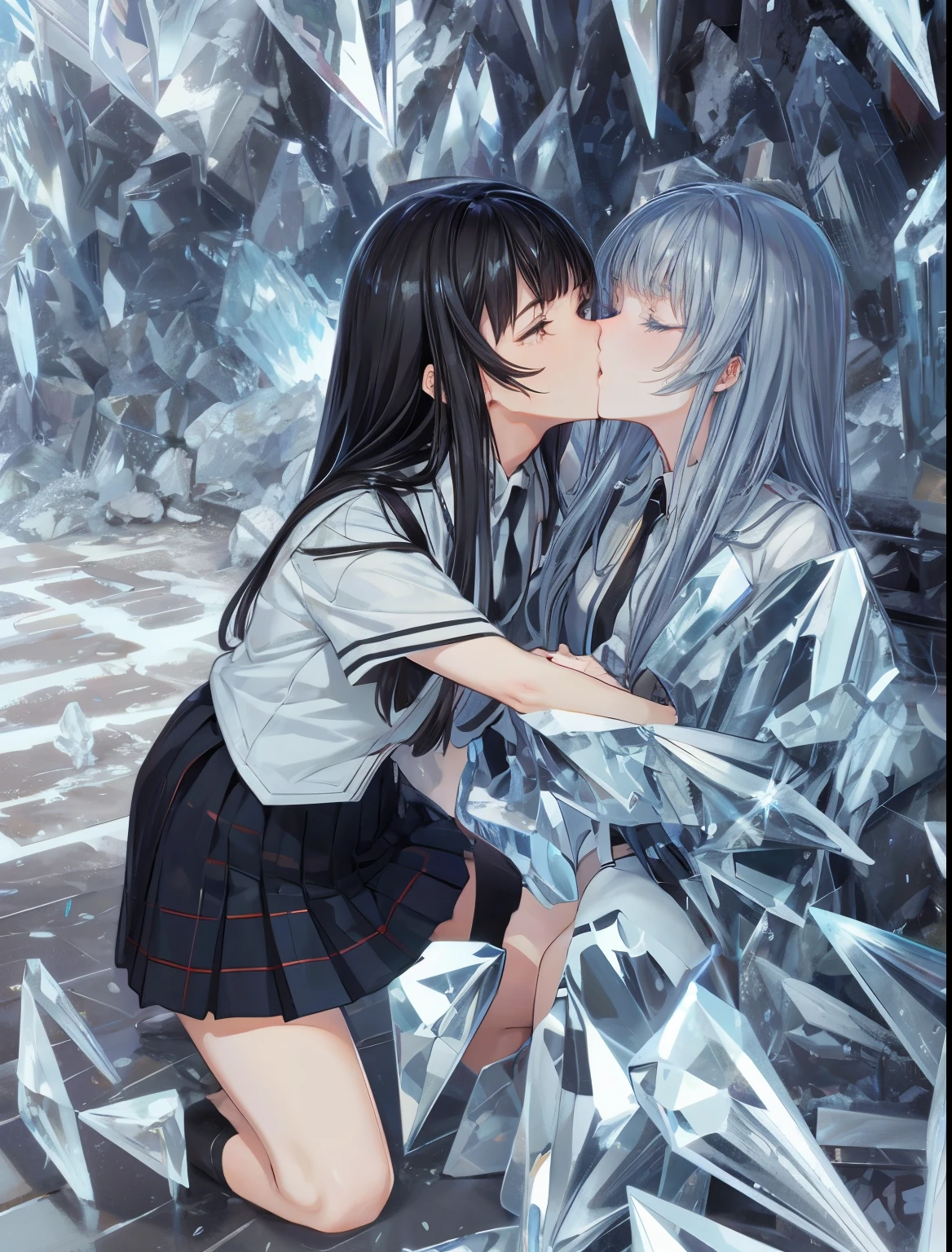 Anime couple kissing in front of a crystal wall, High-definition official artwork, [ 4K digital art ]!!, Smooth anime CG art, cute kiss together, Head office artwork, artwork in the style of Gweiz, Gweiz on pixiv artstation, Gweiz, Gweiz on artstation pixiv, two beautiful anime girls