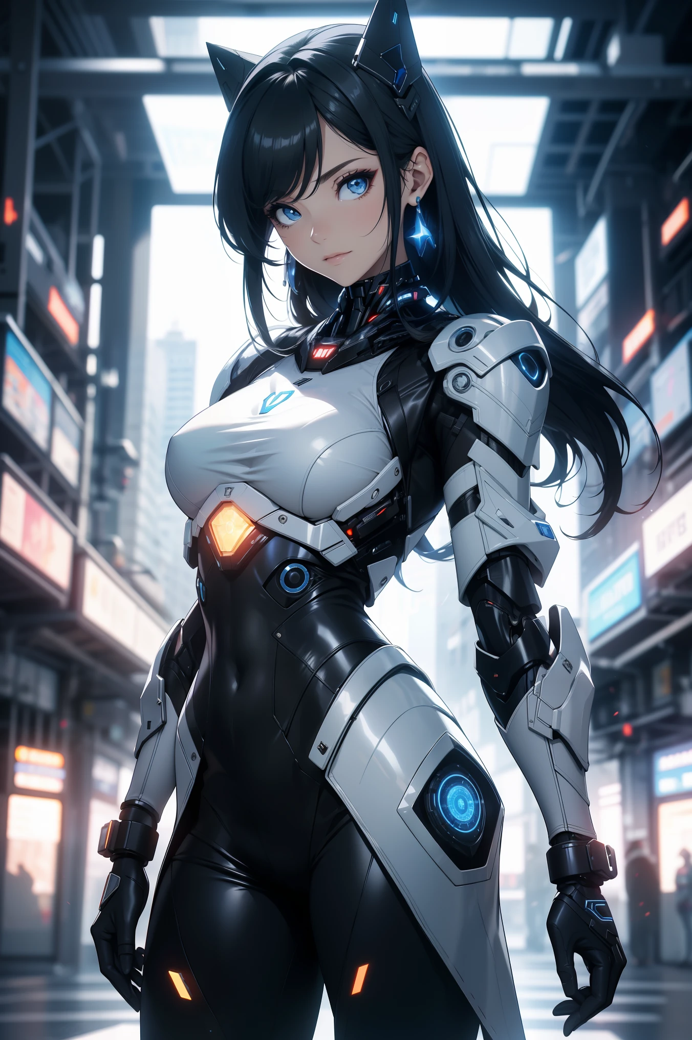 A woman in a futuristic suit with a cat ear and a cat tail - SeaArt AI