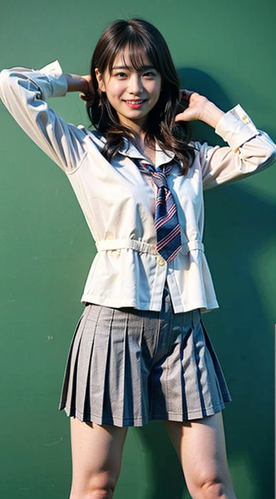 (8K、RAW photo、highest quality、masterpiece:1.2)、(realistic、Photoreal)、40 years、1 girl、I have a mole next to my eye、((White shirt with long sleeves、sailor suit、red tie、Below-the-knee length navy pleated skirt))、（high school girl）、The skirt is rolled up、gal、lots of eyelashes、glitter on eyelids、Dark Red Knee-High Socks、Skeletally correct、thighs open、wavy twintails、cute smile、sweaty body、attractive body beautiful perfect body、V-line emphasis、put your hands behind your head、Beautifully aligned fingertips、