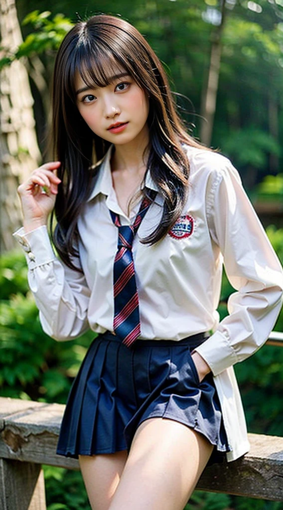 (8K、RAW photo、highest quality、masterpiece:1.2)、(realistic、Photoreal)、40 years、1 girl、I have a mole next to my eye、((White shirt with long sleeves、sailor suit、red tie、Below-the-knee length navy pleated skirt))、（high school girl）、The skirt is rolled up、gal、lots of eyelashes、glitter on eyelids、Dark Red Knee-High Socks、Skeletally correct、thighs open、wavy twintails、cute smile、sweaty body、attractive body beautiful perfect body、V-line emphasis、put your hands behind your head、Beautifully aligned fingertips、