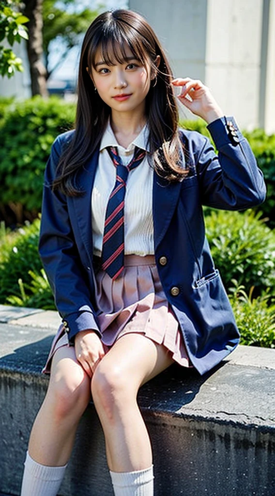 (8K、RAW photo、highest quality、masterpiece:1.2)、(realistic、Photoreal)、40 years、1 girl、I have a mole next to my eye、((White shirt with long sleeves、sailor suit、red tie、Below-the-knee length navy pleated skirt))、（high school girl）、The skirt is rolled up、gal、lots of eyelashes、glitter on eyelids、Dark Red Knee-High Socks、Skeletally correct、thighs open、wavy twintails、cute smile、sweaty body、attractive body beautiful perfect body、V-line emphasis、put your hands behind your head、Beautifully aligned fingertips、