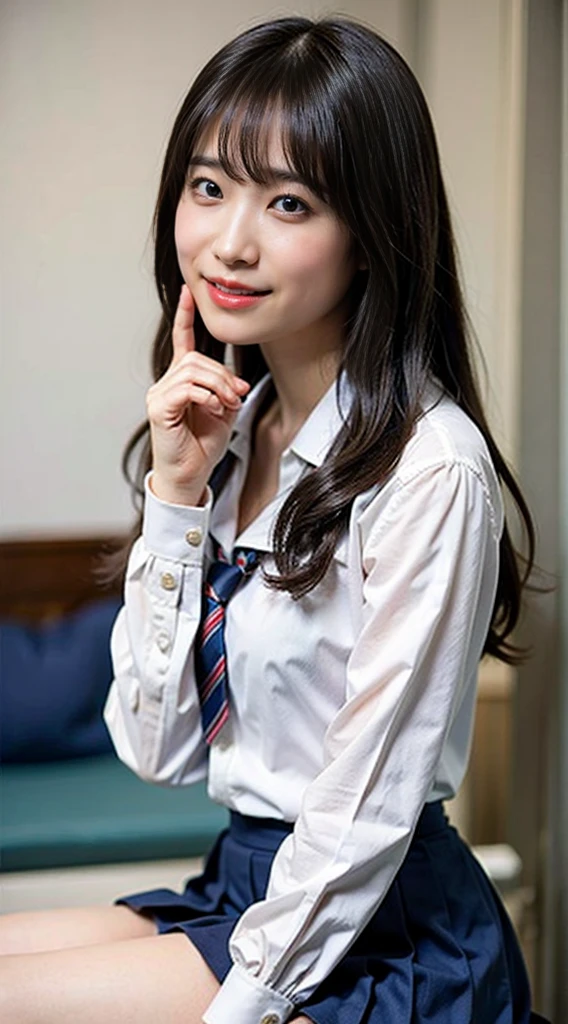 (8K、RAW photo、highest quality、masterpiece:1.2)、(realistic、Photoreal)、40 years、1 girl、I have a mole next to my eye、((White shirt with long sleeves、sailor suit、red tie、Below-the-knee length navy pleated skirt))、（high school girl）、The skirt is rolled up、gal、lots of eyelashes、glitter on eyelids、Dark Red Knee-High Socks、Skeletally correct、thighs open、wavy twintails、cute smile、sweaty body、attractive body beautiful perfect body、V-line emphasis、put your hands behind your head、Beautifully aligned fingertips、