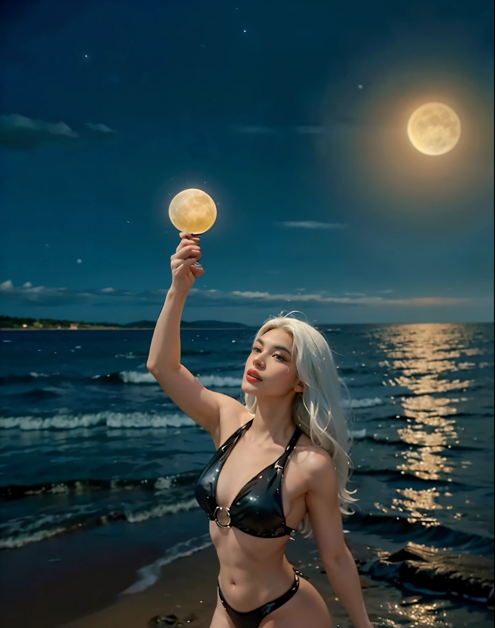 there is a woman in a bikini standing in the water, ((white hair)) refracted moon on the ocean, holding a sea shell, ☁🌪🌙👩🏾, in front of a full moon, in front of a pale full moon, with full moon in the sky, moon goddess, photo taken at night, with the moon out, at night with moon light