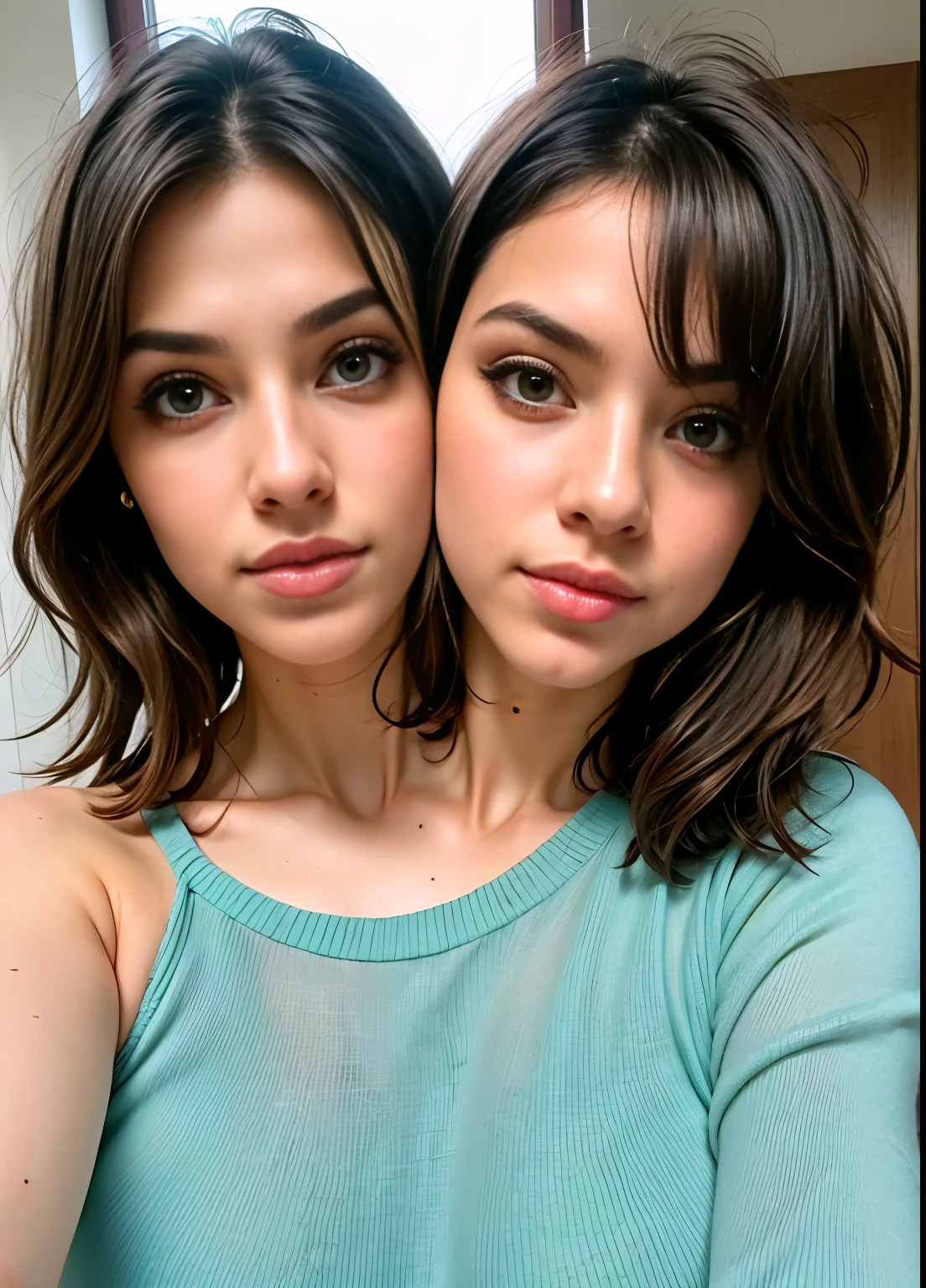 best resolution, 2 heads, white woman with two heads, conjoined, different heads, blonde, short hair, long hair, eyeliner, 25 years old, conjoined twins challenge, at home,