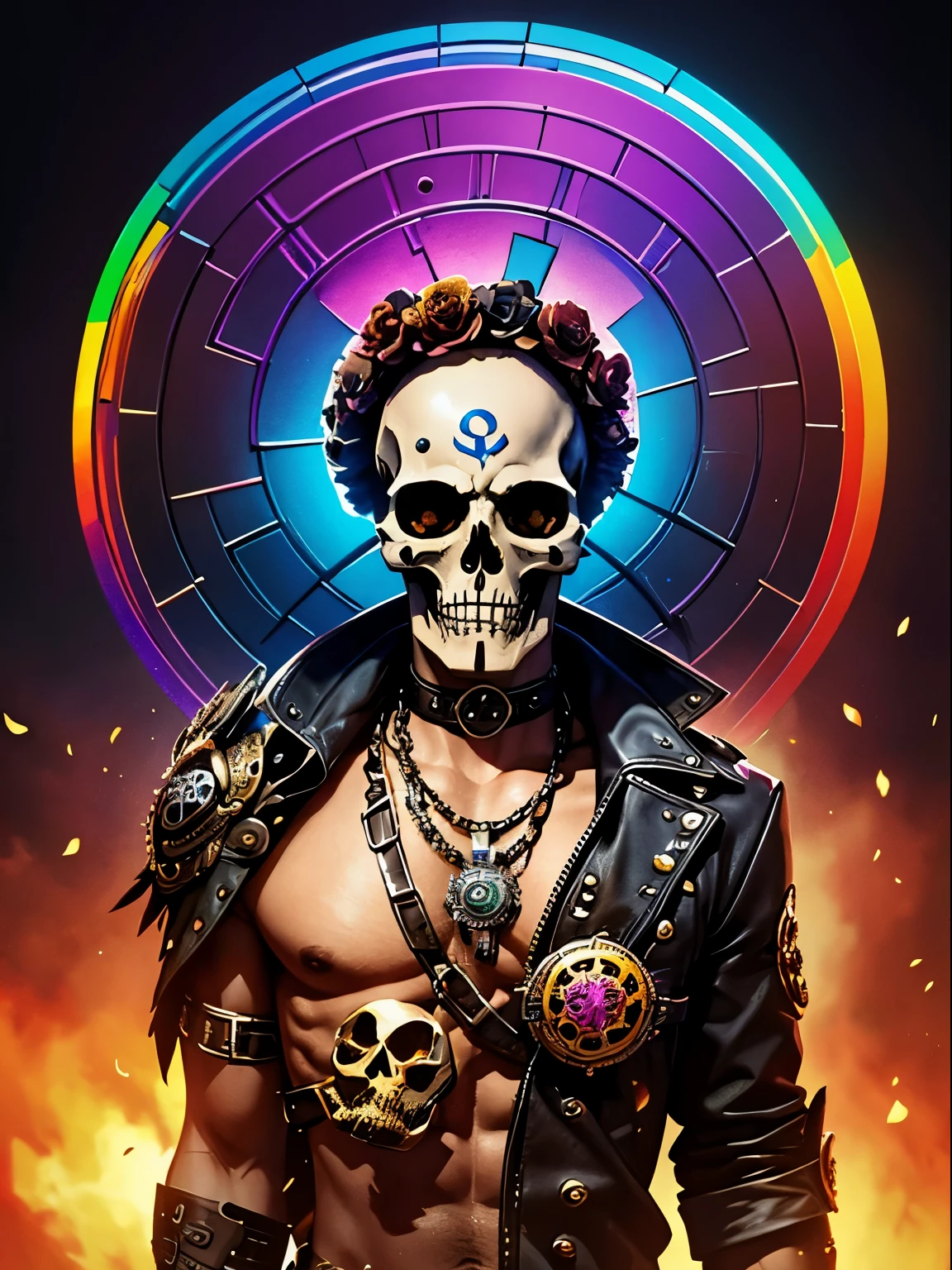ordered pixels，Calavera Steampunk，flying petal，Pintura de esqueleto pulido de metal de hombre sobre fondo ?????,A rainbow surrounds the skull，Formar diferentes estructuras， breathtaking rendering, Magical rainbow elements,Splendid round rainbow combination，circular composition，Solo