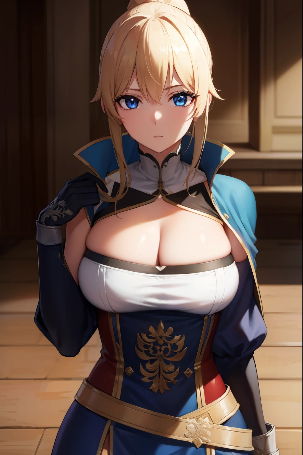 jeangunnhildr, jean, blonde hair, blue eyes, hair between eyes, medium hair, ponytail,
BREAK black gloves, blue capelet, capelet, cleavage, corset, detached sleeves, gloves, pants, strapless, white pants,
BREAK indoors, castle,
BREAK looking at viewer, upper body, full body,
BREAK (masterpiece:1.2), best quality, high resolution, unity 8k wallpaper, (illustration:0.8), (beautiful detailed eyes:1.6), extremely detailed face, perfect lighting, extremely detailed CG, (perfect hands, perfect anatomy),