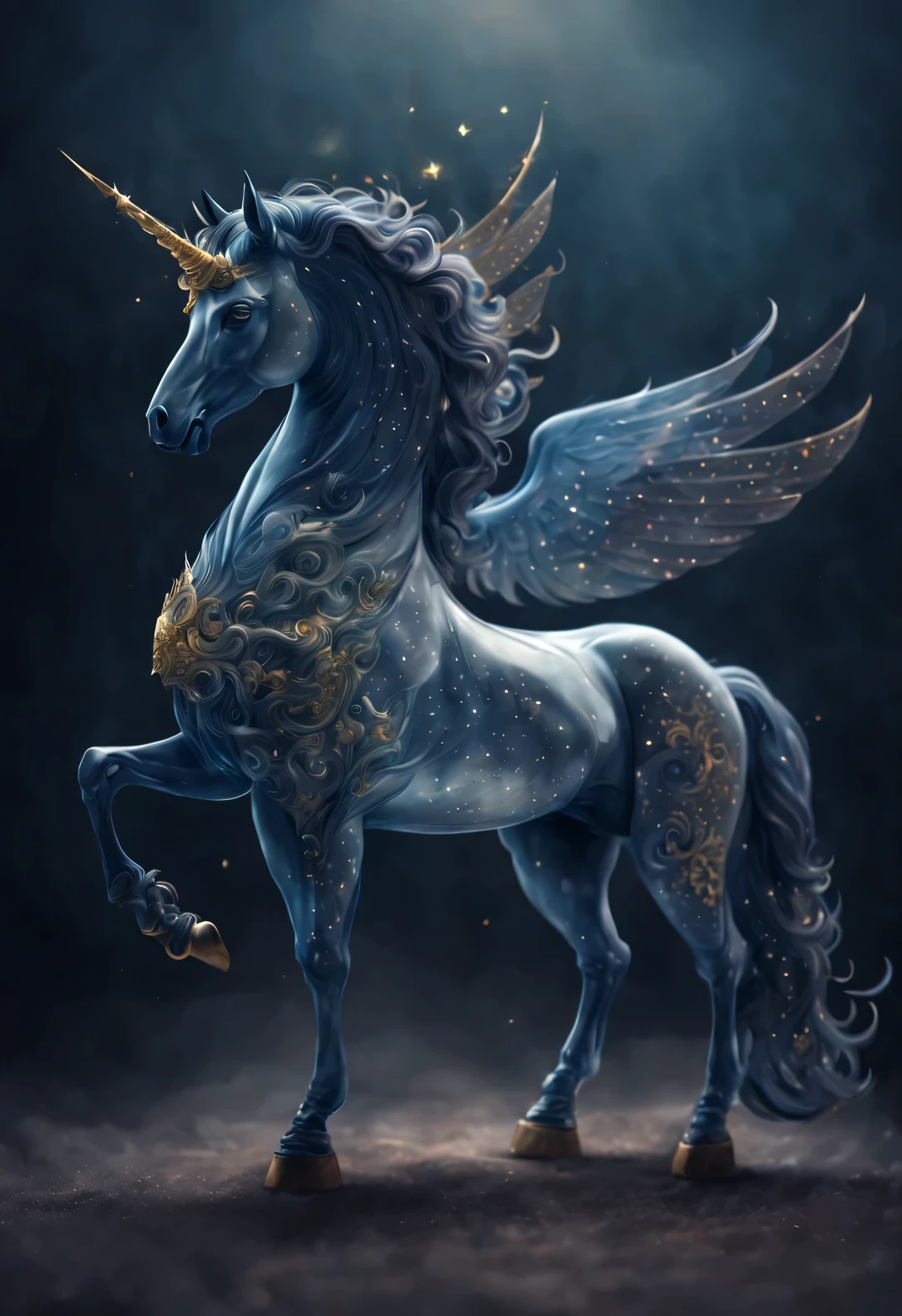Double exposure surreal art style, (The huge body of the translucent blue unicorn blends with the graphic symbols of the 12 Western zodiac signs.),
Creature with spiral horns on its forehead，have wings，It is possible to fly in the air. Unicorn heads are usually very elegant, Harmonizes with body proportions. The most striking feature of a unicorn is the spiral unicorn above its head, Gives a jade-like appearance, usually white, Transparent or light blue tint, And tall and elegant,
Their faces are usually triangular in shape, with bright, Deep eyes reveal wisdom and alertness. eye color is golden, Unicorn ears are pointed and straight, Give it a sense of alertness.
Unicorn bodies are usually very toned, smooth lines.
background: misty forest in greek mythology, Full of mystery, epic pictures, look up, look up perspective,,Pointillism,art,Super real,imaginative,dreamlike,otherworldly,wonderland, ethereal, aries constellation, ♈︎,octane rendering,Unreal Engine,Scorpio, ♏︎,Capricorn, ♑︎,Sagittarius, ♐︎,reflective atmosphere,mysterious atmosphere,ethereal Atmosphere,bottom view,beautiful lights,