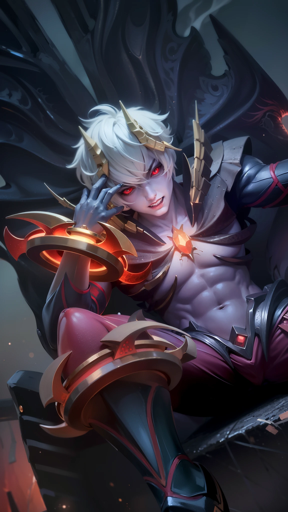 masculine male, masterpiece, ((perfect eyes)) best quality, (semirealism:1.9), beautiful lighting, (extremely detailed CG unity 4k fhd wallpaper), High Detail, Sharp focus, dramatic outdoors, 25 years old, white short hair, Boy with two big horns, big earrings on ears, elf ear, red eyes, Thick eyebrows, evil smile, grinning, red body, red face, Burning skin, yellow diamonds glistening on chest, burning red skin, golden robe behind, big white belt, 8k, realistic, tato, scary, strong red eye glow (red eye:1.2).